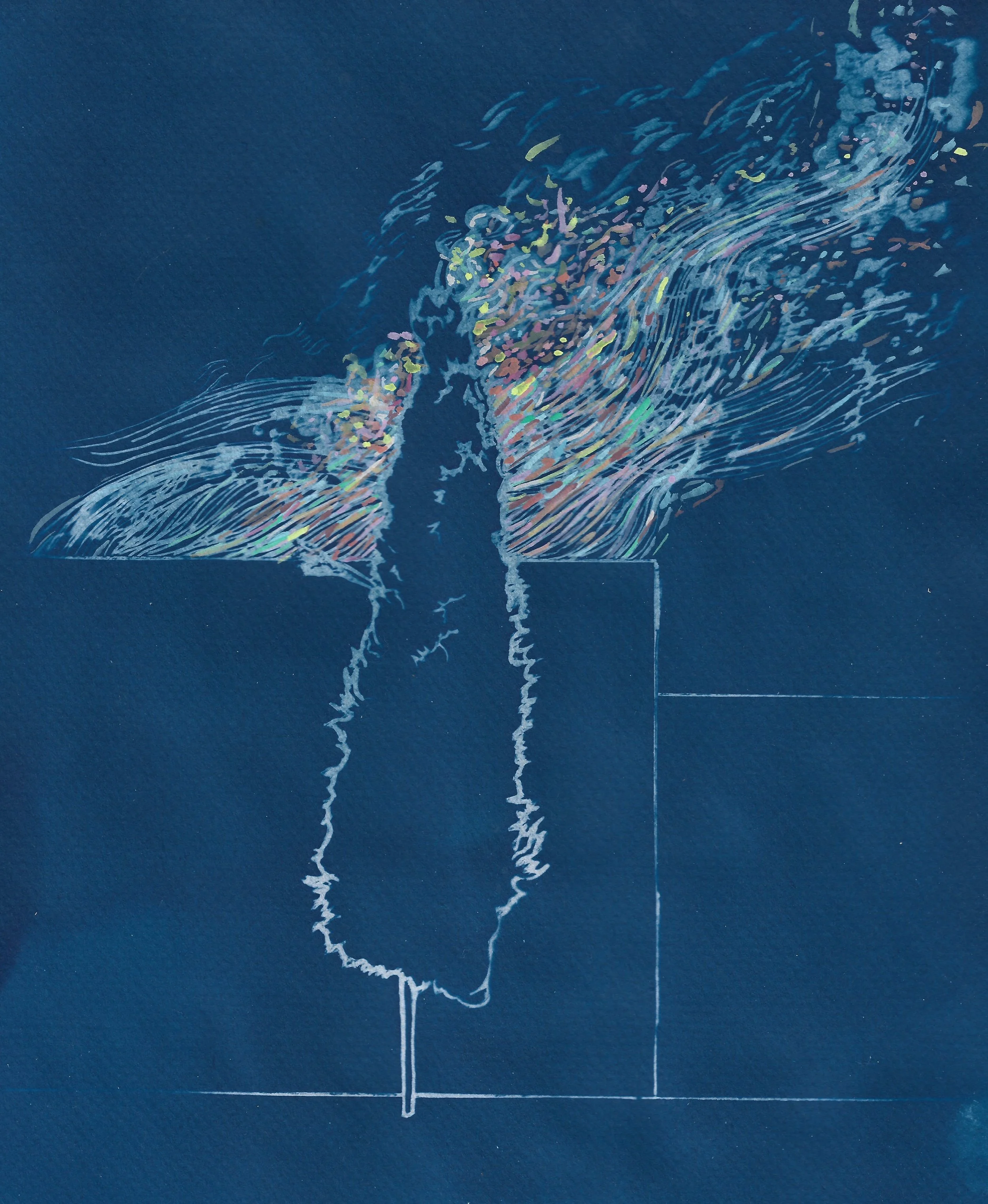 Night Cypress - watercolor and cyanotype, 16.5" x 12.5"