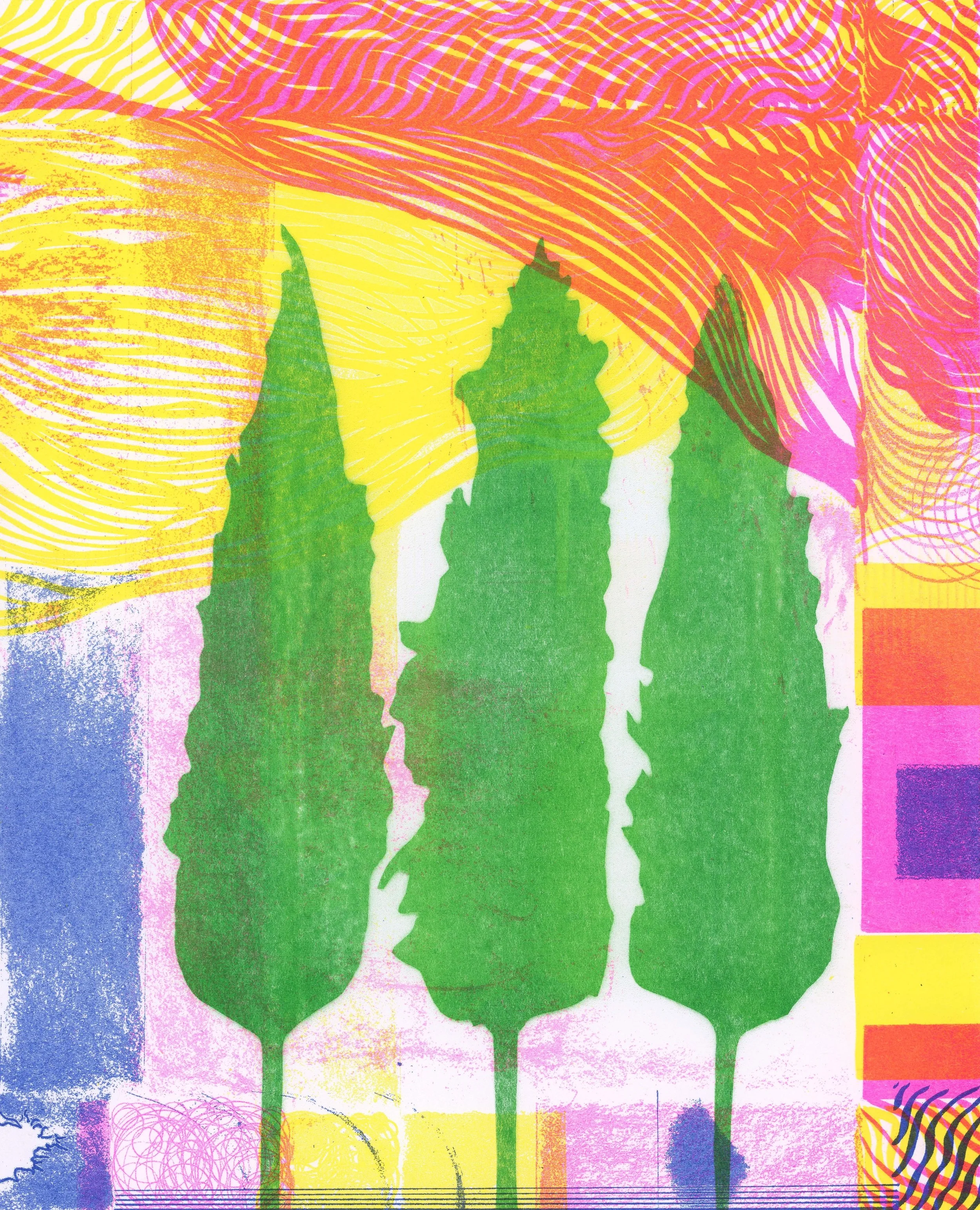 Green Cypresses in Movement