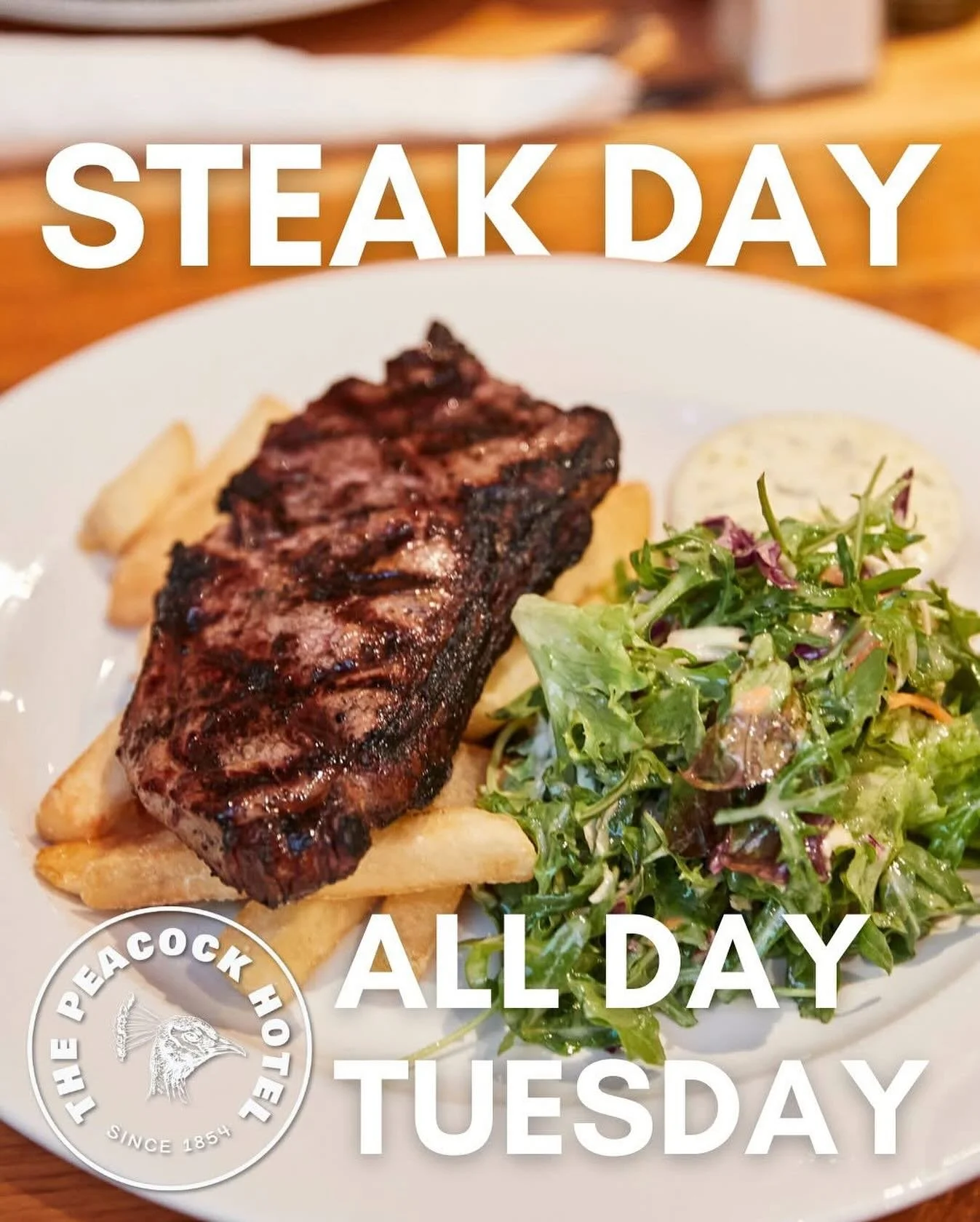 Tuesday is Steak Day!! Join us for lunch or dinner and enjoy delicious steak specials with chips, salad and your choice of sauce from just $17.

Book a table in our Front Room, grab a seat in our Sports Lounge, or meet up with your mates in our heate