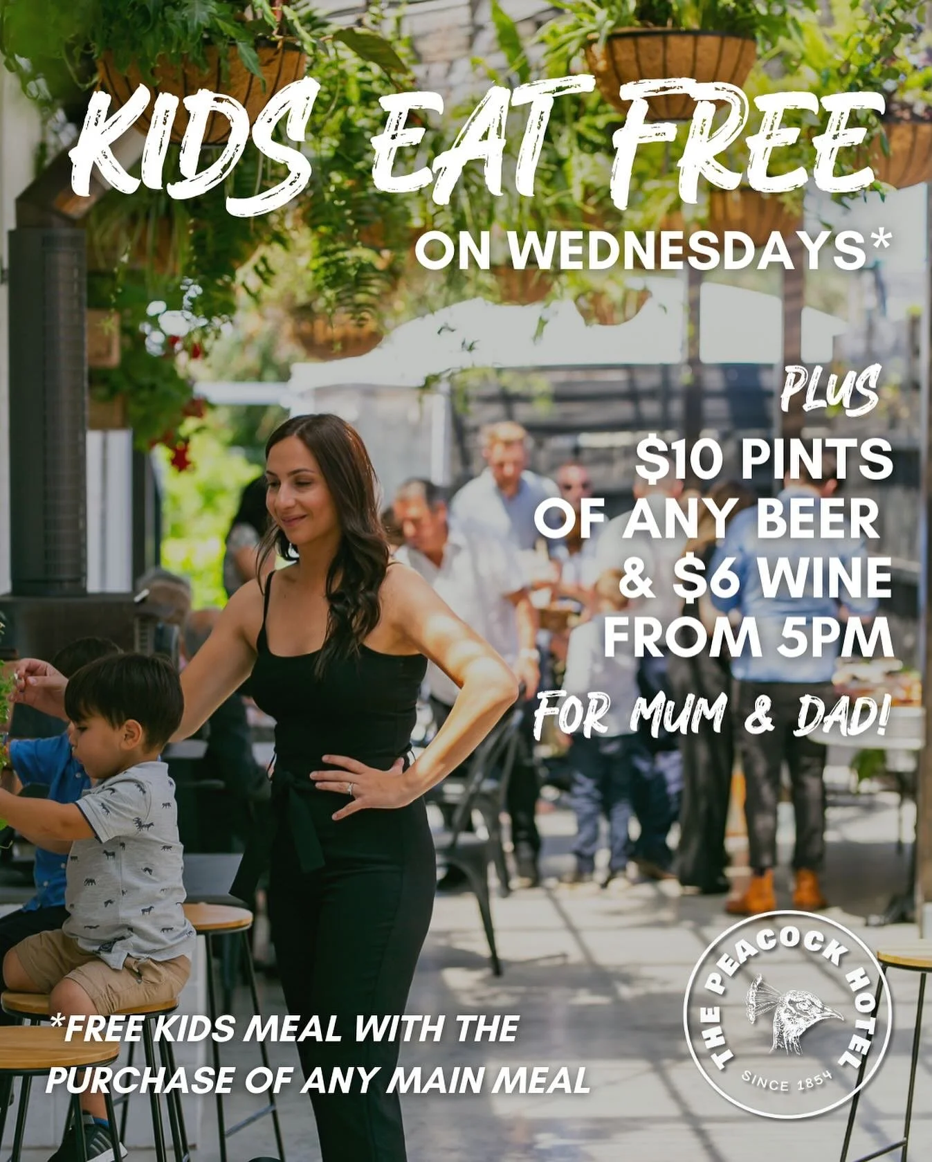 It&rsquo;s hump day. Take the night off and bring the fam down to the Peacock!

Kids eat free with any main adult meal.

Plus we&rsquo;ve got $10 pints of any beer and $6 house wine from 5pm for Mum &amp; Dad!

Make a booking via our website or just 