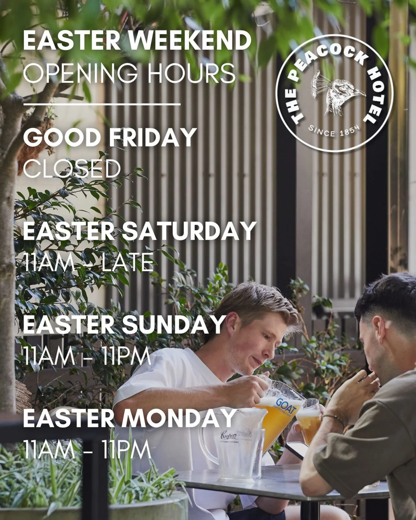 Yes, we are open Easter Weekend (except Good Friday). 

Our shady, covered, heated beer garden will keep you cool / cosy no matter the weather. 

Plus we&rsquo;ll have all the AFL action on the big screen and TVs around the venue. 

Get the gang toge