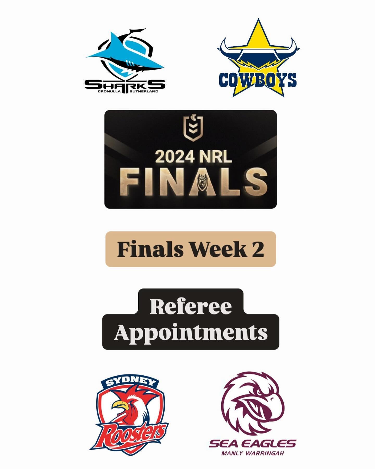 𝗙𝗶𝗻𝗮𝗹𝘀 𝗪𝗲𝗲𝗸 2️⃣ - 𝗥𝗲𝗳𝗲𝗿𝗲𝗲 𝗔𝗽𝗽𝗼𝗶𝗻𝘁𝗺𝗲𝗻𝘁𝘀

Well done to the Match Officials selected to oversee Week 2 of the NRL Finals 🙌

#PRLMO #NRLFinals