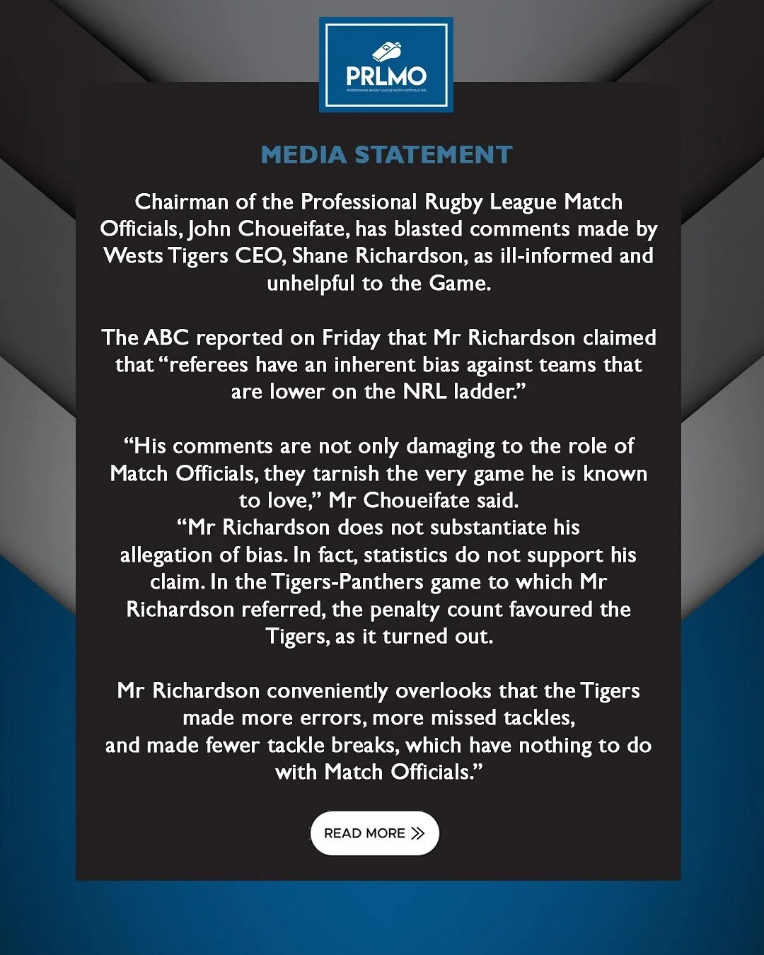 Media Statement from PRLMO Chairman John Choueifate. 📄 

@nrl @abc_sport @nrl_weststigers 

#PRLMO #NRL