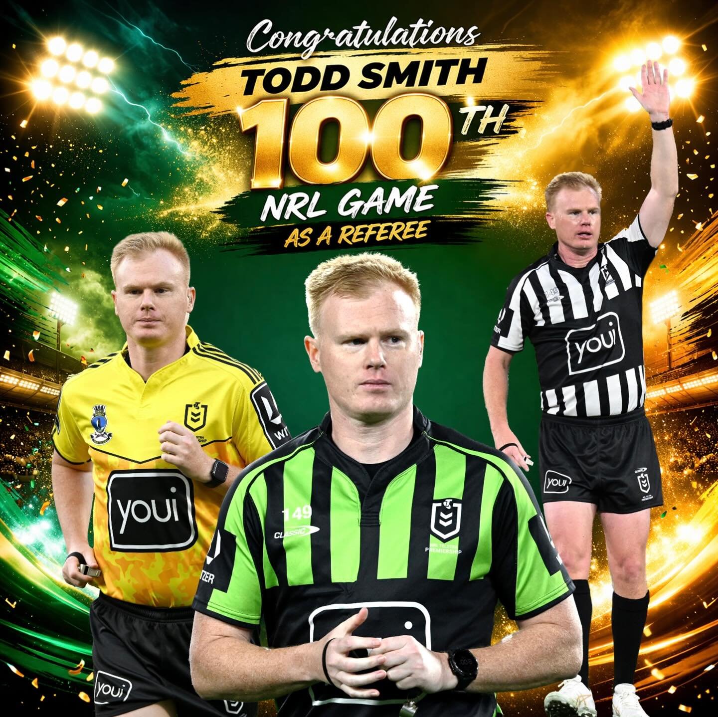 Congratulations 🙌 to Todd Smith who will referee his 100th NRL match in the Rabbitohs v Bulldogs match at Accor Stadium on Friday. 🏉

#PRLMO #Milestones