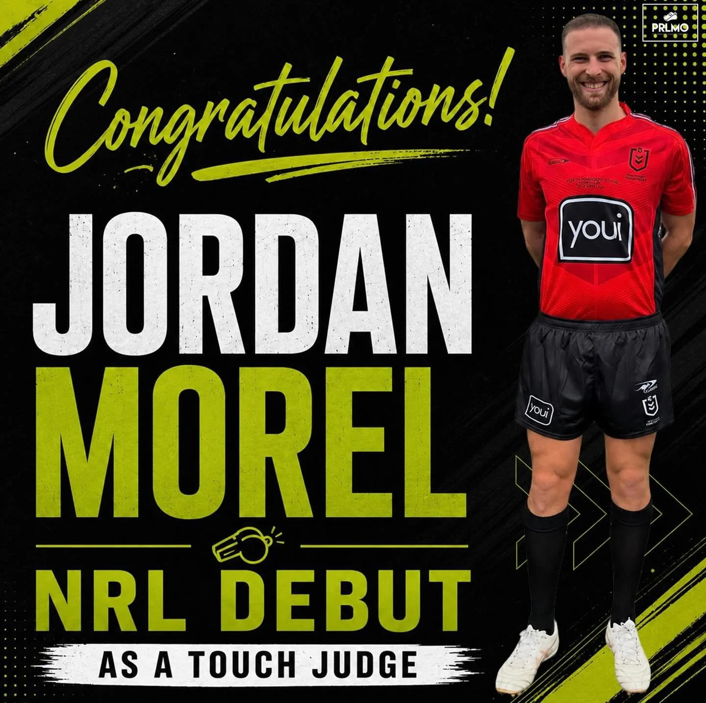 Congratulations 🙌 to Jordan Morel who will become NRL Match Official #170 when he makes his debut as a touch judge in the Dragons vs Knights game on Saturday! 🏉

Go well Jordan 👏

#PRLMO #NRL #Debut #NRLDragonsKnights