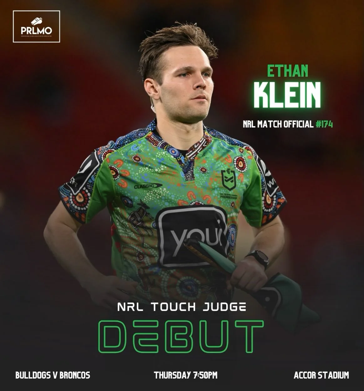 A huge congratulations 🙌 to Ethan Klein who will become NRL Match Official #174 when he makes his debut as touch judge in the Bulldogs v Broncos match at Accor Stadium on Thursday 💯👏

#PRLMO #NRL #NRLDebut