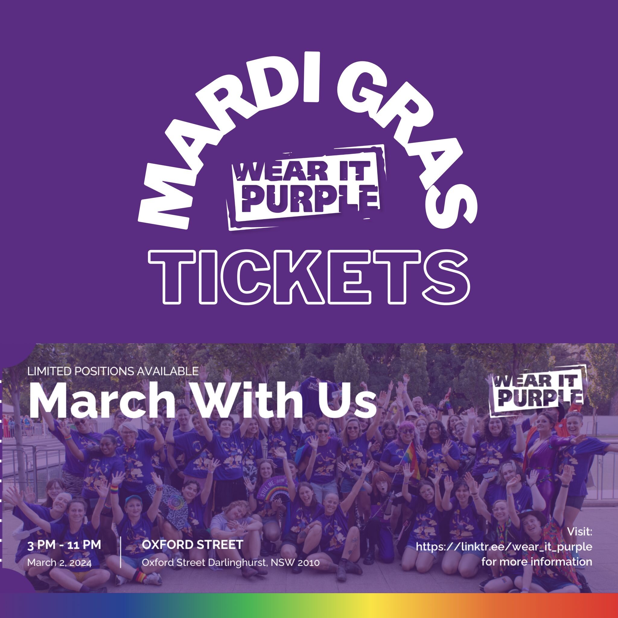 💜MARDI GRAS TICKETS ARE AVAILABLE NOW, LINK IN BIO💜
Honour the Legacy of Love with Wear It Purple this Mardi Gras!

On Saturday March 2nd 2024, Wear It Purple will be marching in the Sydney annual Mardi Gras on Oxford Street with the theme Legacy o