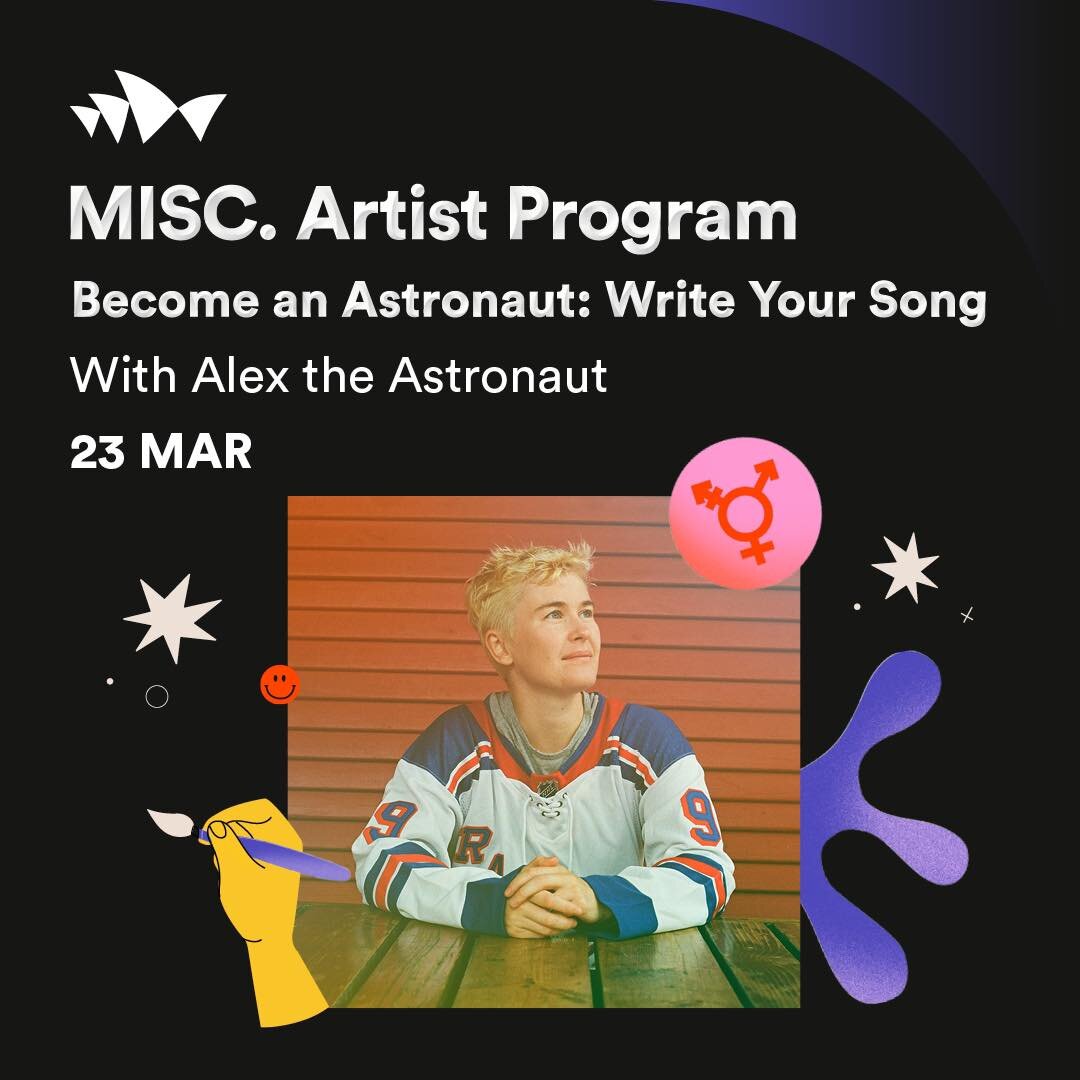 🌈 MISC. is back with three more workshops 💜

MISC. is offering up three free workshops for LGBTQIA+SB teens aged 15-19 at the Sydney Opera House. From a song-writing workshop with Alex the Astronaut to movement with Fetu Taku to a future-building z