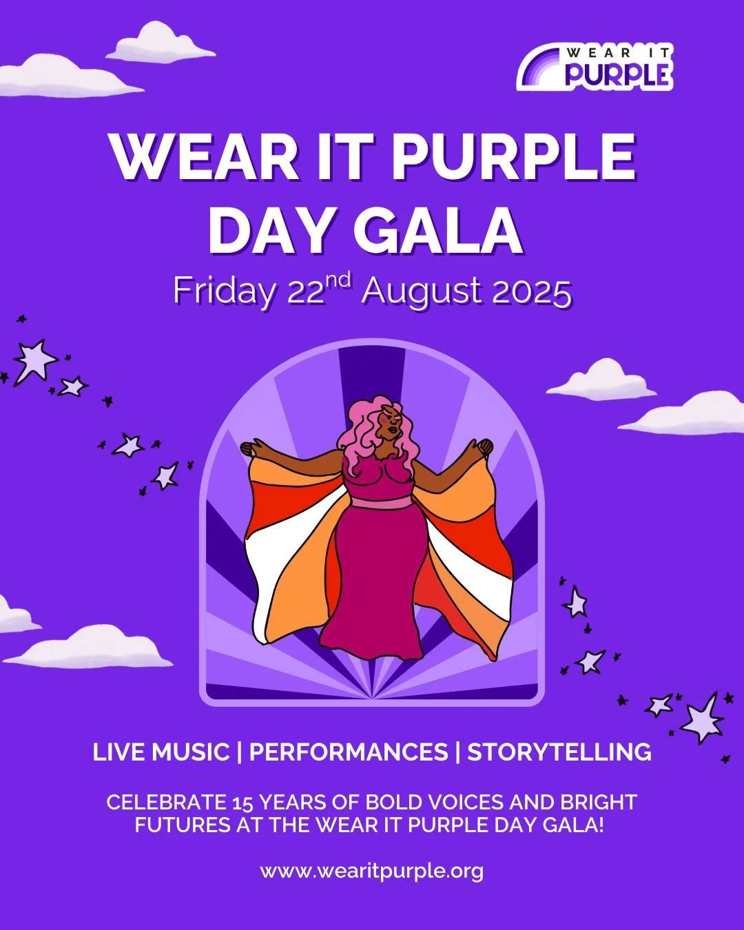 💜Lights. Music. Bold Voices. 💜

Let's Celebrate 15 Years of Wear It Purple! Join us on Friday, 22nd August, for the Wear It Purple Day Gala. A night of queer joy, live performances and community pride! 🌈

Tickets are FREE for LGBTQIA+ youth. Book 