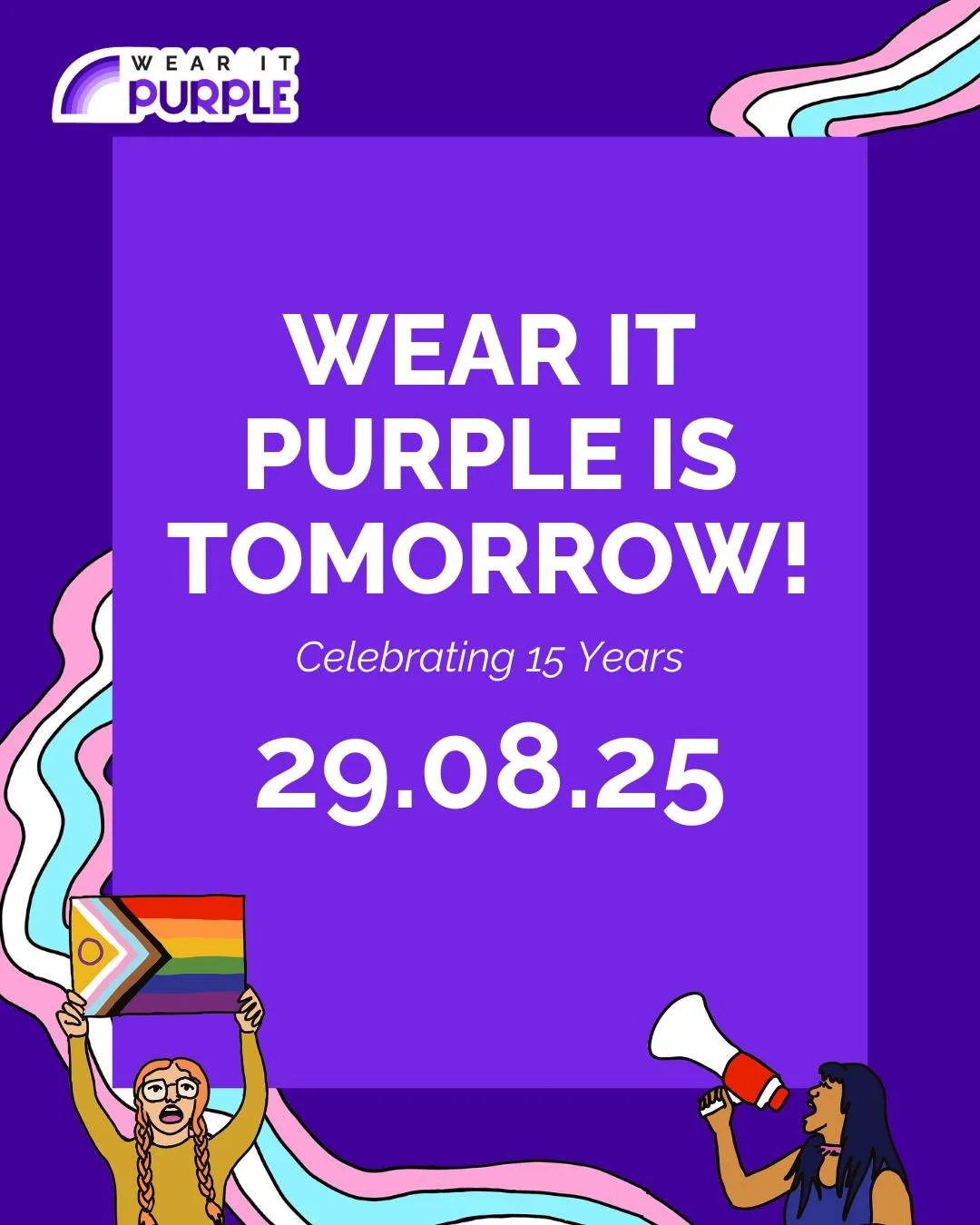 💜 Wear It Purple Day is TOMORROW 💜

One day to go until we cover the country in purple 
and stand together for LGBTQIA+ youth. 

🏳️&zwj;🌈 Your purple = your pride. Don&rsquo;t forget to tag us! ✨

Illustrations by Lee Evatt
#WearItPurple #BoldVoi