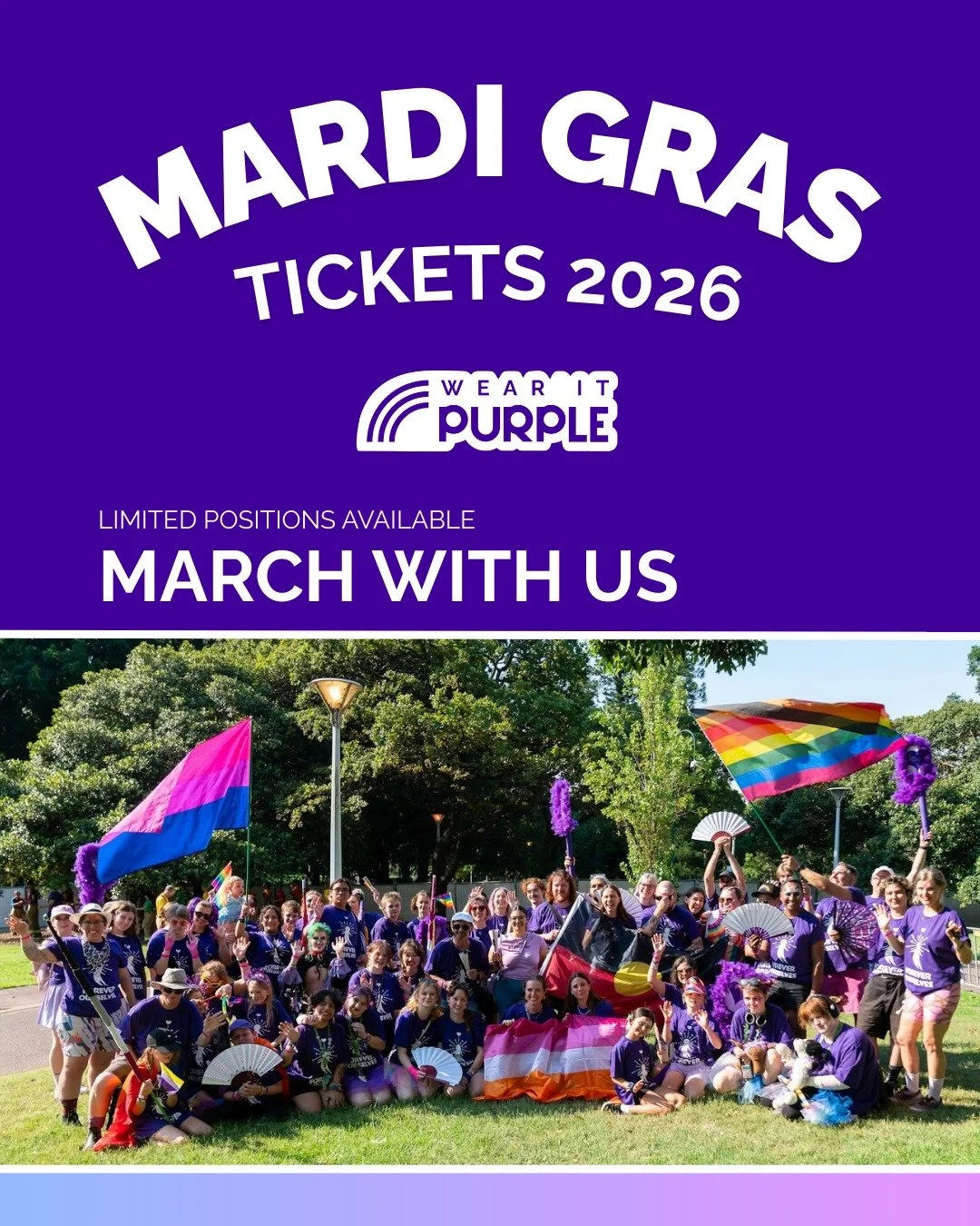 💜 MARDI GRAS 2026. MARCH WITH US 💜

Wear It Purple is marching in the 2026 Mardi Gras Parade, and registration to join us is open.

This year&rsquo;s theme, Future in Full Colour, celebrates the joy, strength and limitless futures of LGBTQIA+SB you