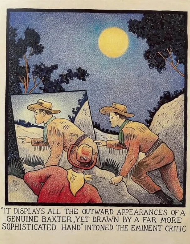 Glen Baxter was a mad genius who pioneered absurdist gag comics from his throne in the United Kingdom. We were thankful to once host him at Desert Island where he presided over his author signing with aplomb, and we&rsquo;re saddened to learn of his 