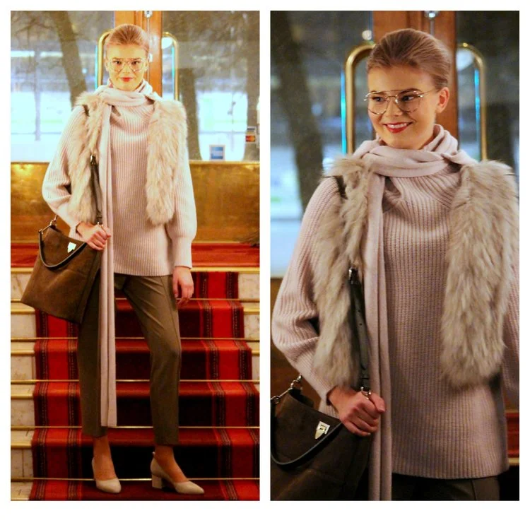 Filippa K knits & trousers, Natures Collection fur vest, Decadent bag, ATP Atelier shoes