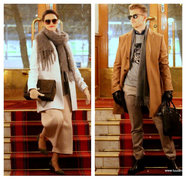 She in Filippa K coat &amp; trousers &amp; shirt &amp; gloves, Decadent bag, Balmuir scarf, By Malene Birger shoes. He in Tiger of Sweden coat &amp; knit &amp; shirt &amp; gloves &amp; bag &amp; shoes, Oscar Jacobson trousers, Balmuir scarf