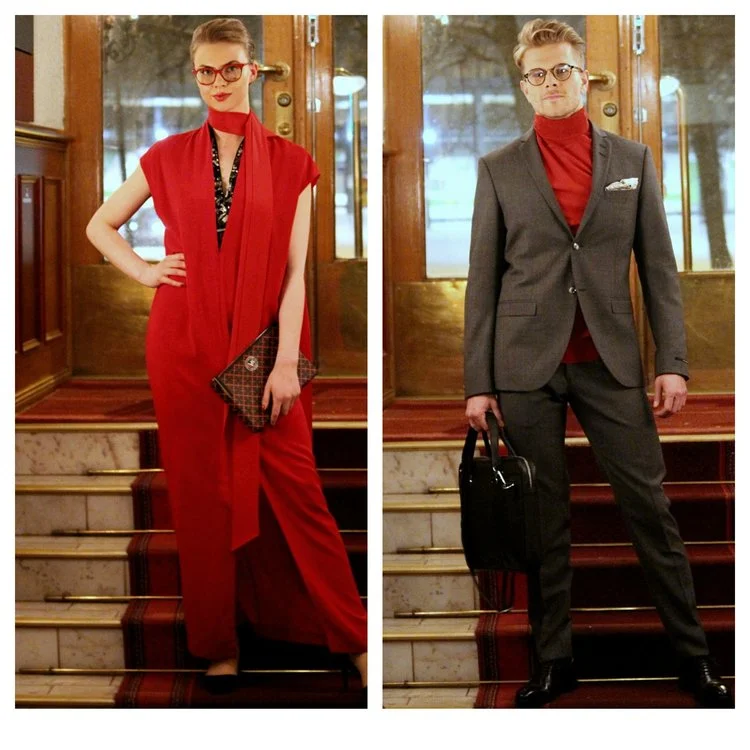 Lady in red; By Malene Birger dress & purse. He in Tiger of Sweden suit & knit & handkerchief & bag & shoes