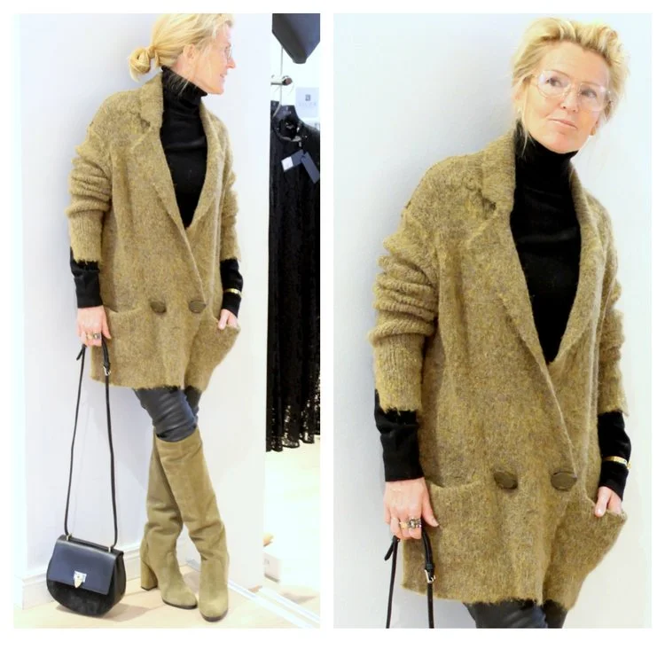 By Malene Birger cardigan -50% Repeat Cashmere polo, By Malene Birger leather pants, Paul Smith glasses