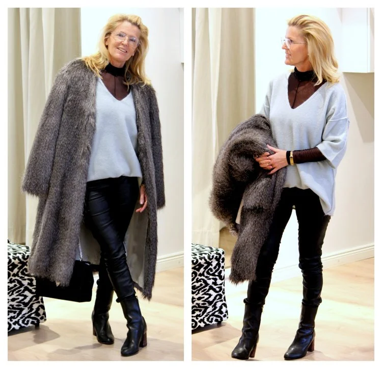By Malene Birger fake fur coat -50%, sweater -40%, ATP shoes -40% Decadent bag, Paul Smith glasses