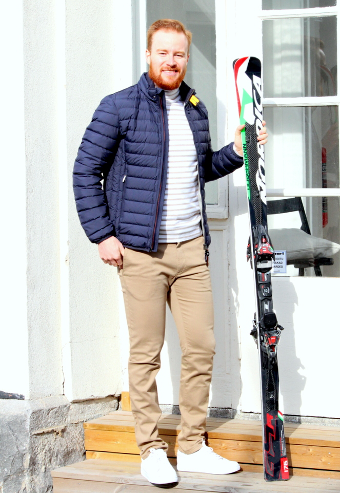Parajumpers jacket, Oscar Jacobson sweater, Tiger of Sweden chinos &amp; sneakers