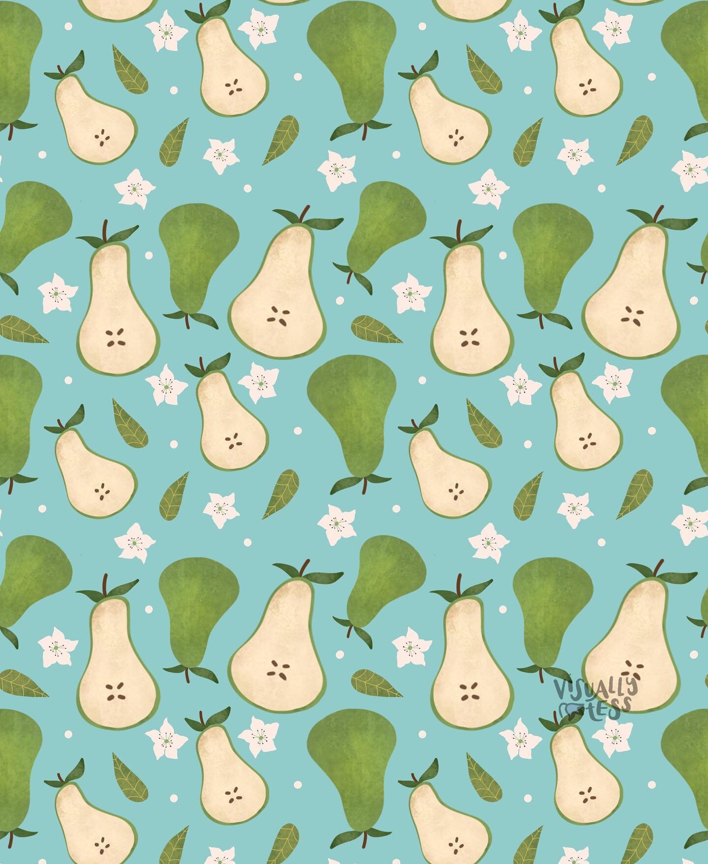 Pears, pears, pears 🍐 I drew one last week and now I&rsquo;m obsessed with drawing them 😅😂
.
Which background colour is your favourite? I really love the blue but the effect of the pink!! ✨☀️
.
#pear #pears #surfacepatterndesign #pattern #patternd