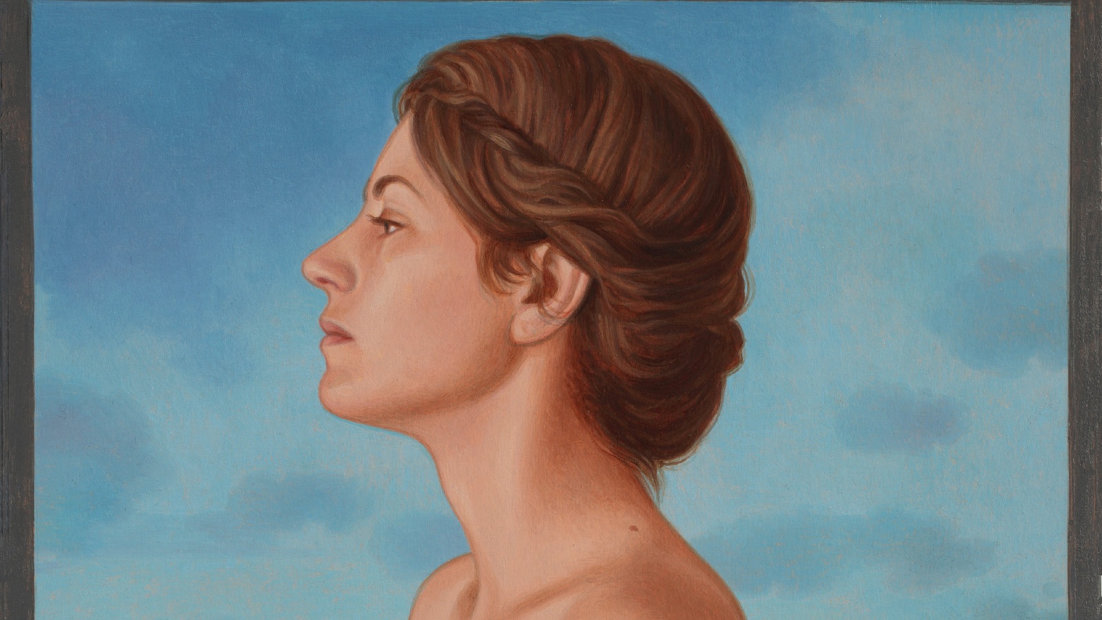 The Sculptor's Model, oil painting on board 2015 , Oil Painting Portrait of a Sculptor's Model, with Italian Landscape in the background. Gessoed coated Fabriano paper mounted on a panel cm. 18 x 18.