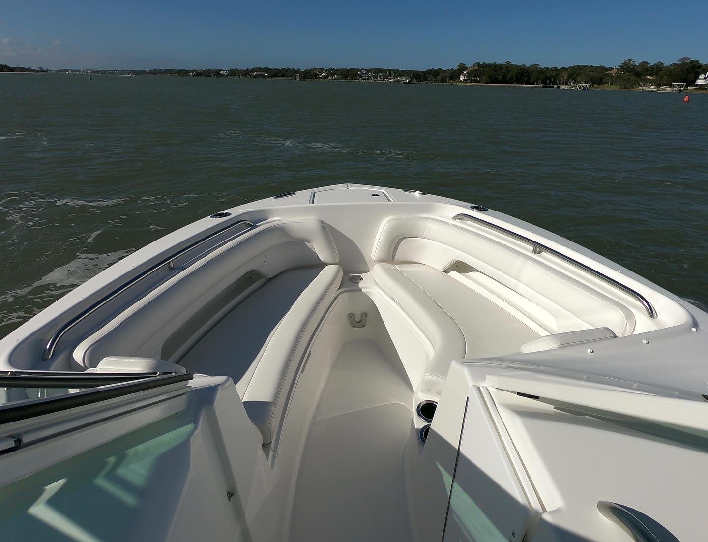 Look at that bow! The new boat has comfy bow seating, open air, and Carolina flair. Who&rsquo;s ready for summer?