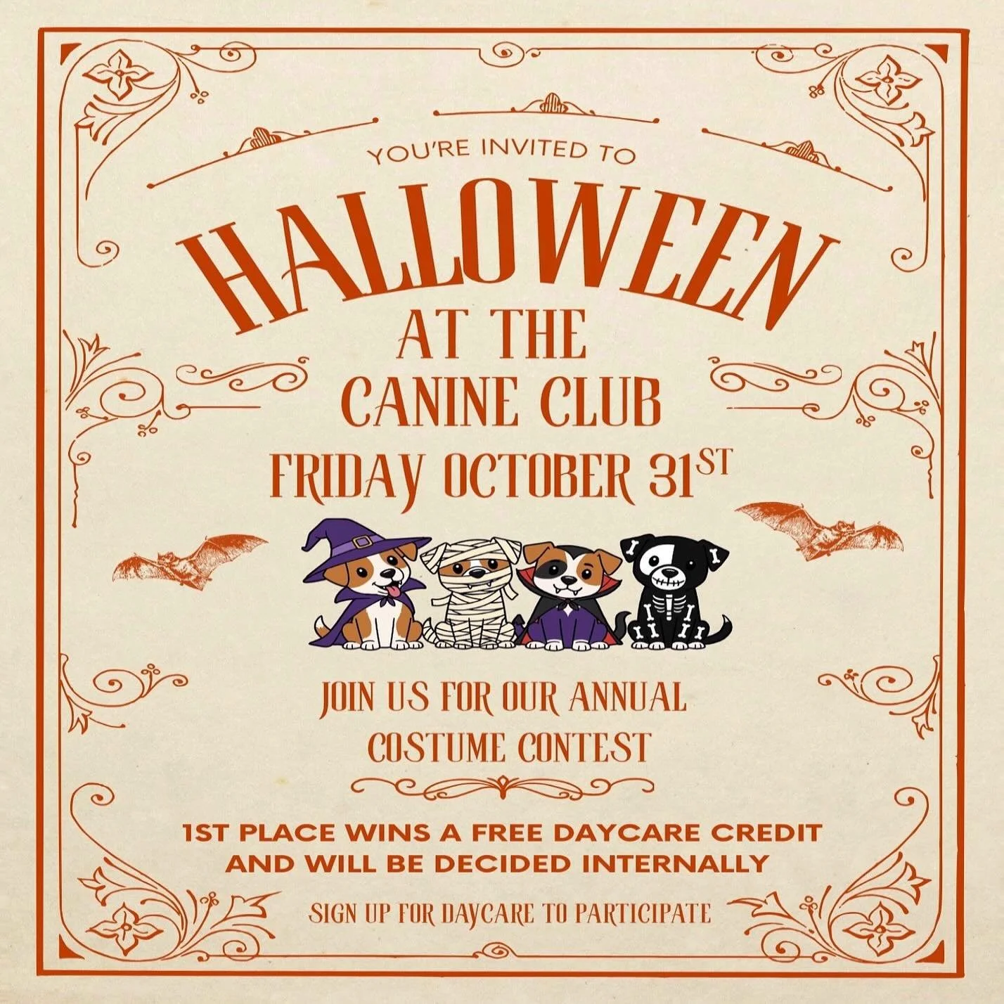We are so excited for another year of Halloween cuteness at The Canine Club! Sign your pup up for daycare on Friday the 31st to participate in our spooky costume contest! 🎃👻