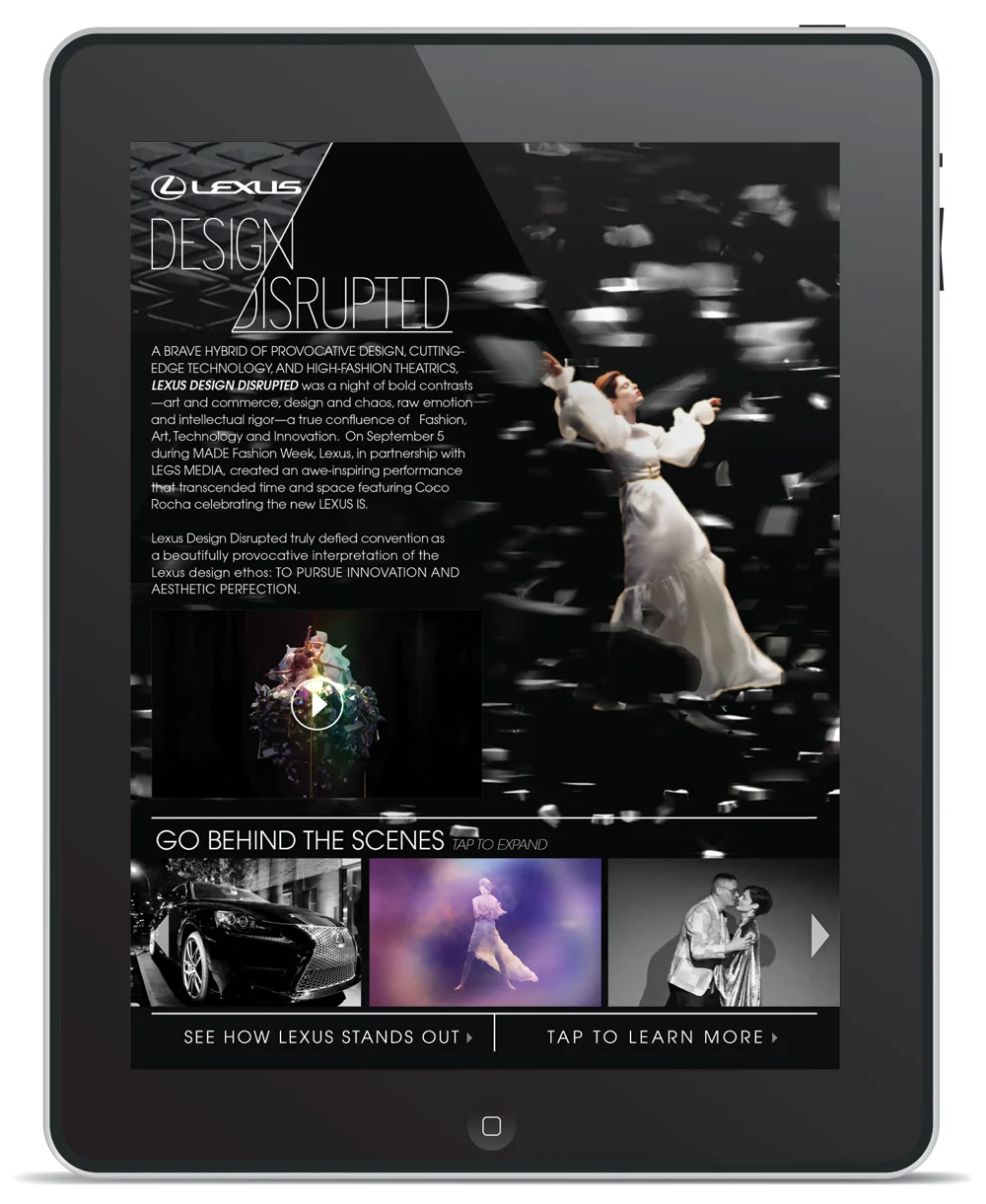  Role: Art Director  Client: ELLE x Lexus  Art directed and designed a digital interactive experience featuring a holographic performance by Coco Rocha in collaboration with Lexus. Led the creative strategy and execution, delivering a visually striki