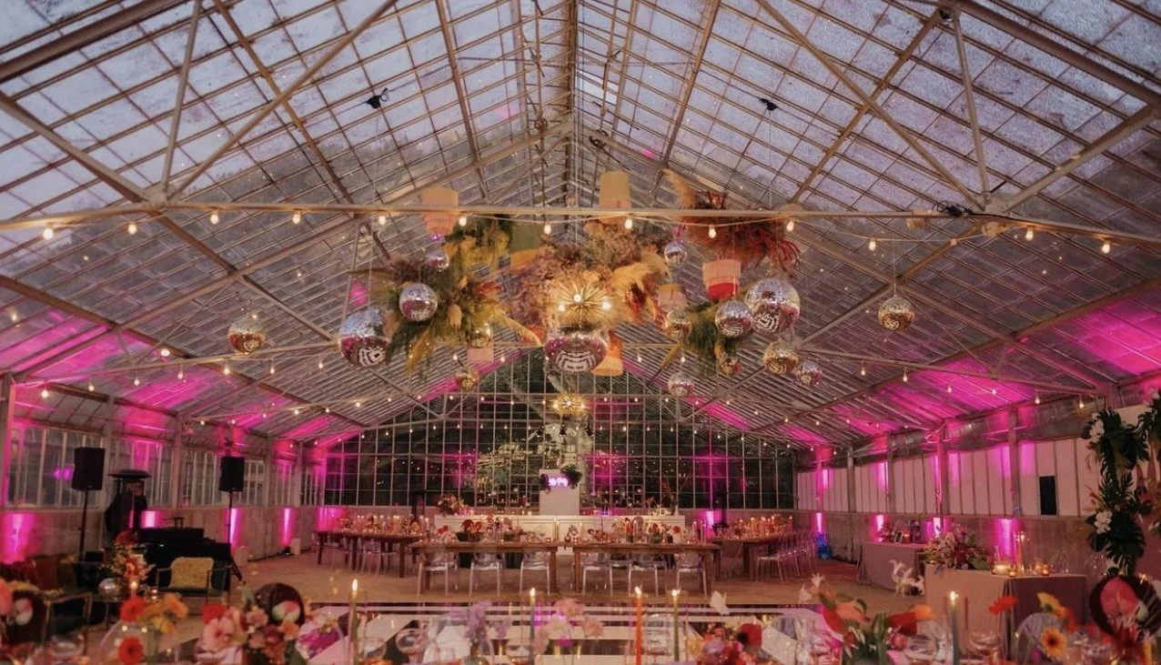  Custom built ceiling installation with Hand Painted and fringed lampshades. Custom lampshades by Flory Glory. Installation by Flory Glory and the team or Knot Just Flowers.  Event Design by Flory Glory for a wedding at Dos Pueblos Orchid farm in San