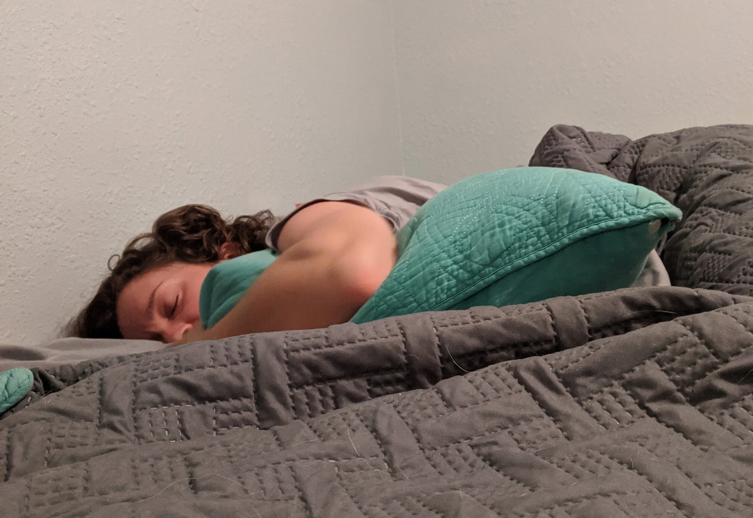 Mountain Climber/stomach sleeper suggestion: very similar to side sleepers, just a slightly different position. (Side note: My dog sheds like crazy, as you can see. Yes, he sleeps in the bed. #spoiled)