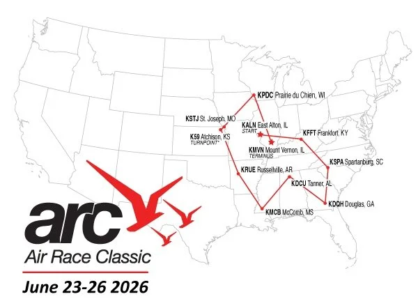 An image of the United States with the Air Race Classic logo. The map details the flight path of the race including stops in Illinois, South Carolina, Georgia, Alabama, Mississippi, Arkansas, Kansas, Montana, and Wyoming.