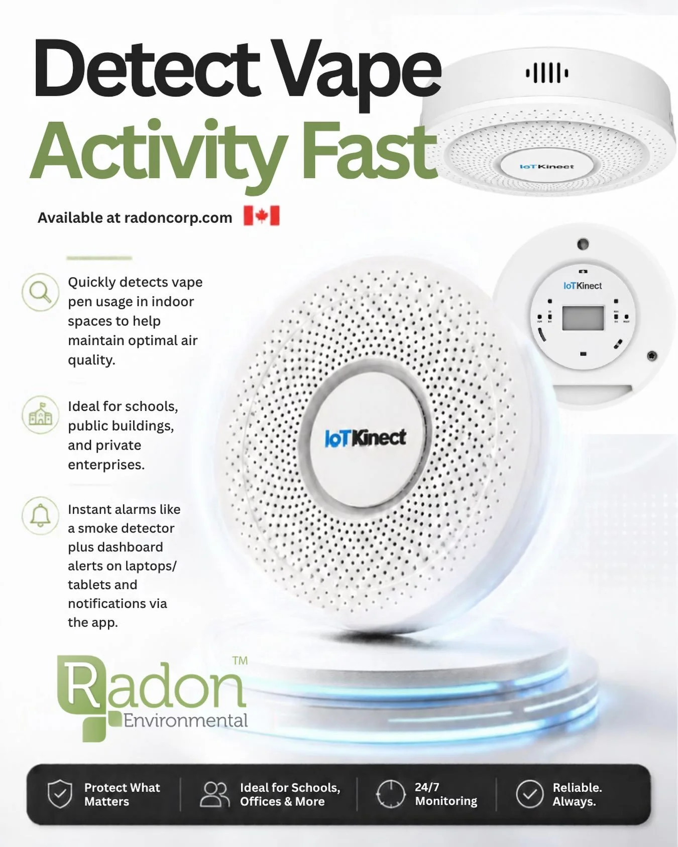 Ideal for shared spaces, the Vape Sensor Alarm operates over the LoRaWAN network with a dedicated gateway; installation is easy, and sensors are tamper-resistant. You can also integrate additional features like radon detection and population counts.
