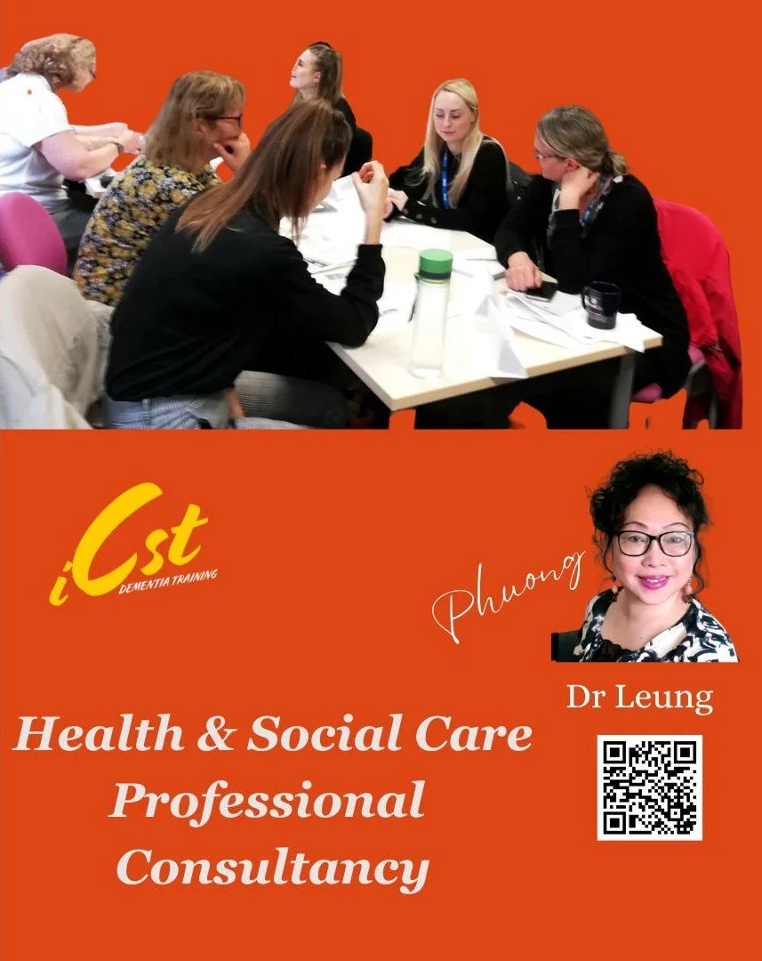 A group of women participating in a meeting, with some taking notes and others listening, in a professional setting. The lower section features promotional material for Dr. Phuong Leung, specializing in health and social care consultancy, with her photo, name, and a QR code.