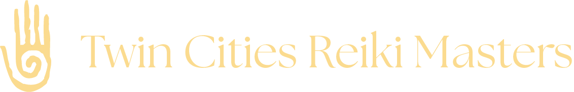 Logo with a beige hand symbol and the text 'Twin Cities Reiki Masters' in beige font on a black background.