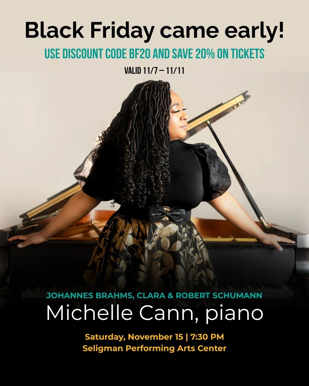Be sure to purchase your tickets to see Michelle Cann and take advantage of our Black Friday ticket sale! Receive 20% off when you use code BF20. Don't miss your opportunity to see one of today's most acclaimed pianists! 

Tickets: cmdetroit.org/2025