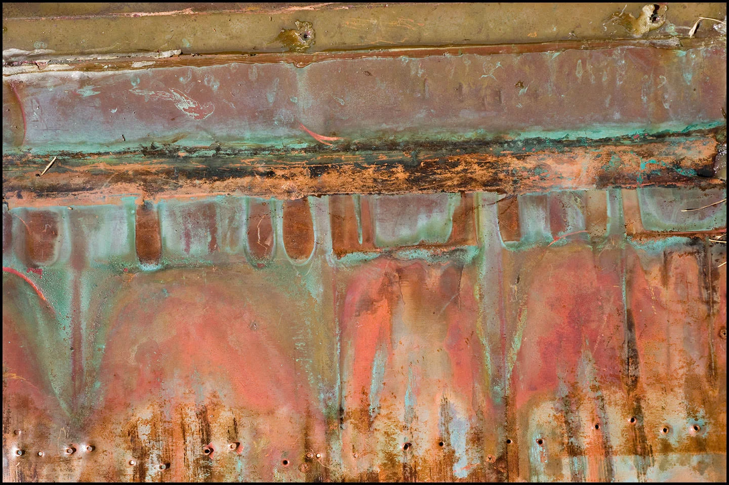 Roofing copper with patinas. (Colors are not digitally enhanced!) This sheet is about 24” x 18”.