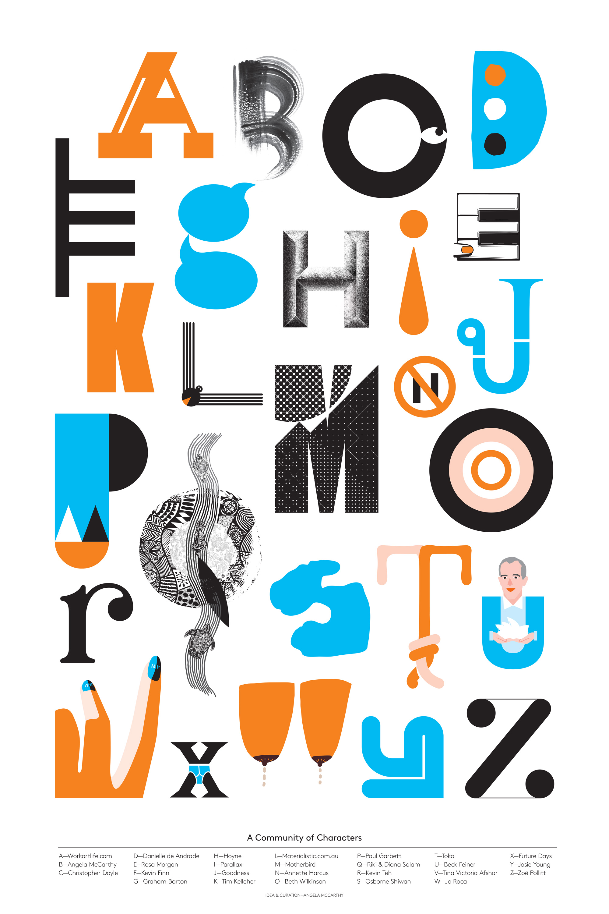 Studio Angela McCarthy Country Australia Description A Community of Characters The idea behind my submission for the CommUNITY exhibtion was to create a poster that speaks to local individual diversity but also reflects inclusivity as we come together to collaborate. Utilising a common tool of communication, an alphabet, I aim to showcase the broad variety of personalities, styles and characters we have in Australia and New Zealand. Each designer was asked to design a letter from the English alphabet that reflects their own style. I then designed the poster to hero individual diversity but also speak to the unity and collaboration that exists within our community. The alphabet reflects a diversity of: – Gender: 13 females and 13 males – Skills: Illustrators, artists, designers from brand, web, placemaking, music, fashion, editorial experience. – Heritage: Indigenous, European, Asian and Middle Eastern backgrounds. – Location: Victoria, Queensland, South Australia, New South Wales and New Zealand. – Age: Established talent, up and coming talent and talented graduates. A—Workartlife.com B—Angela McCarthy C—Christopher Doyle D—Danielle de Andrade E—Rosa Morgan F—Kevin Finn G—Graham Barton H—Hoyne I—Parallax J—Jordon Stokes K—Tim Kelleher L—Materialistic.com.au M—Motherbird N—Annette Harcus O—Beth Wilkinson P—Paul Garbett Q—Riki & Diana Salam R—Kevin Teh S—Osborne Shiwan T—Toko U—Beck Feiner V—Tina Victoria Afshar W—Jo Roca X—Future Days Y—Josie Young Z—Zoë Pollitt Website angelamccarthy.com.au How to purchase this poster Limited editions of CommUnity posters are available at Plotnet Prints ( plotnetprints.com ). All posters are printed 24" x 36" on Hahnemuhle Photo Rag 308gsm (100% Cotton Rag paper).
