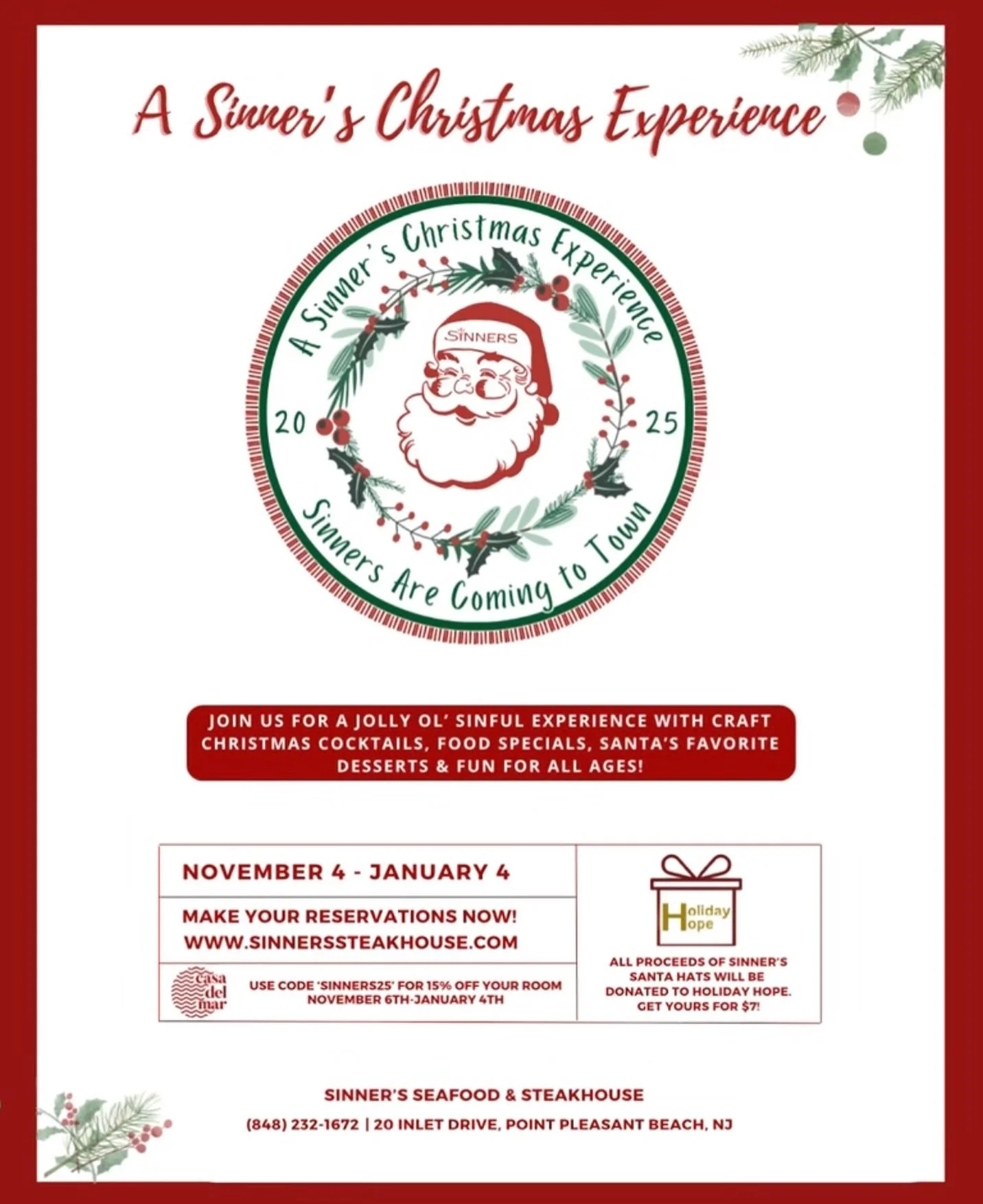 The perfect winter escape ☃️ Festive bites &amp; craft cocktails at @sinnerssteakhouse plus 15% OFF your room when you use code SINNERS25 before January 4th! 

Let the holiday mood begin ✨

#pointpleasantbeach #pointpleasantnj #pointpleasent #jerseys