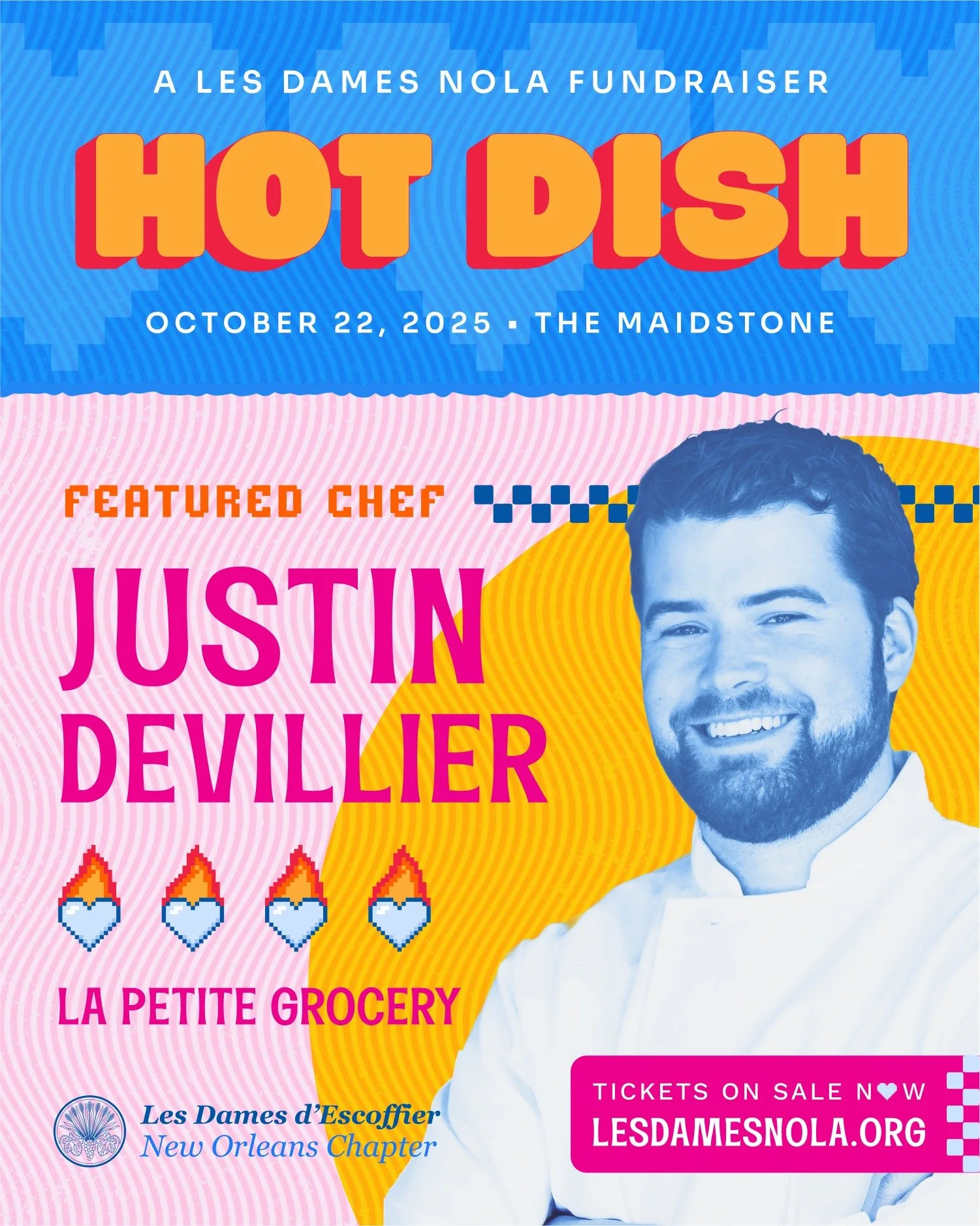 He&rsquo;s the one and only @justindevillier, chef/owner of @lapetitegrocery and lucky fella of NOLA Dame @miadevillier ... and he'll be ladling up roasted squash and shellfish soup with pumpkin 🎃 seed pistou at #hotdish2025 Grab tickets while you c