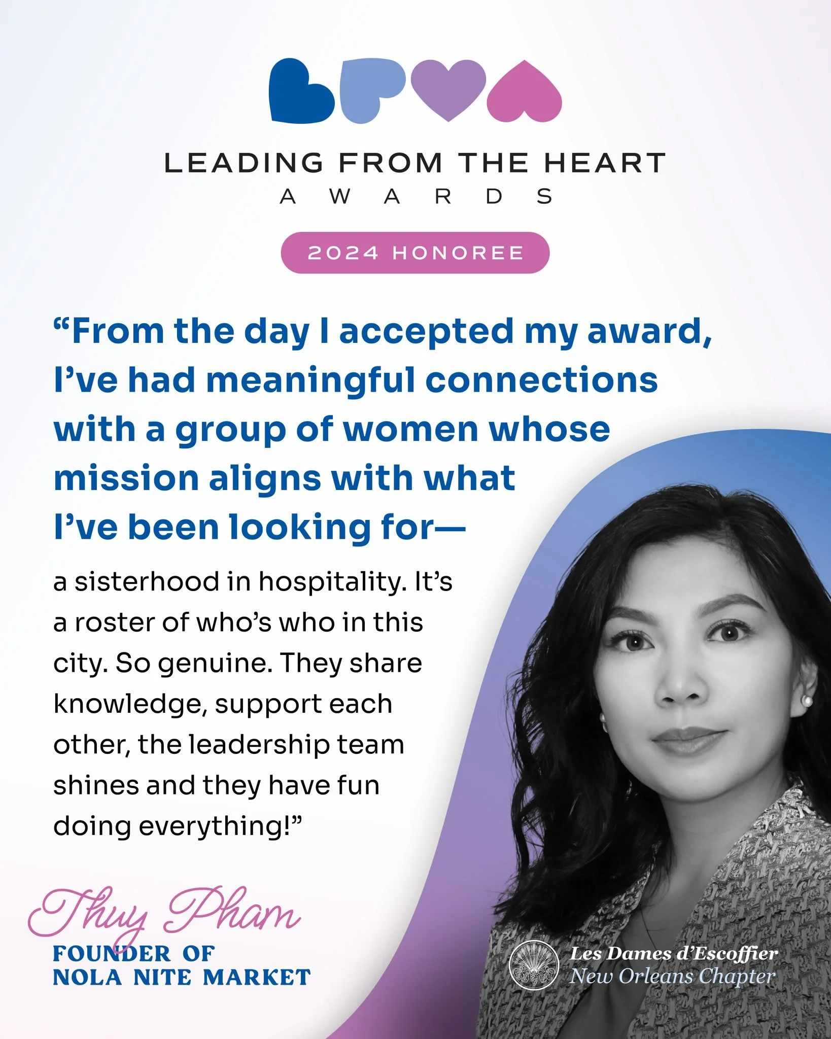In 2024, @nolanitemarket founder Thuy Pham received a Les Dames NOLA Leading from the Heart Award and grant. She also met our network of members &ndash; local women in hospitality who connect with and support each other like there's no tomorrow. Like