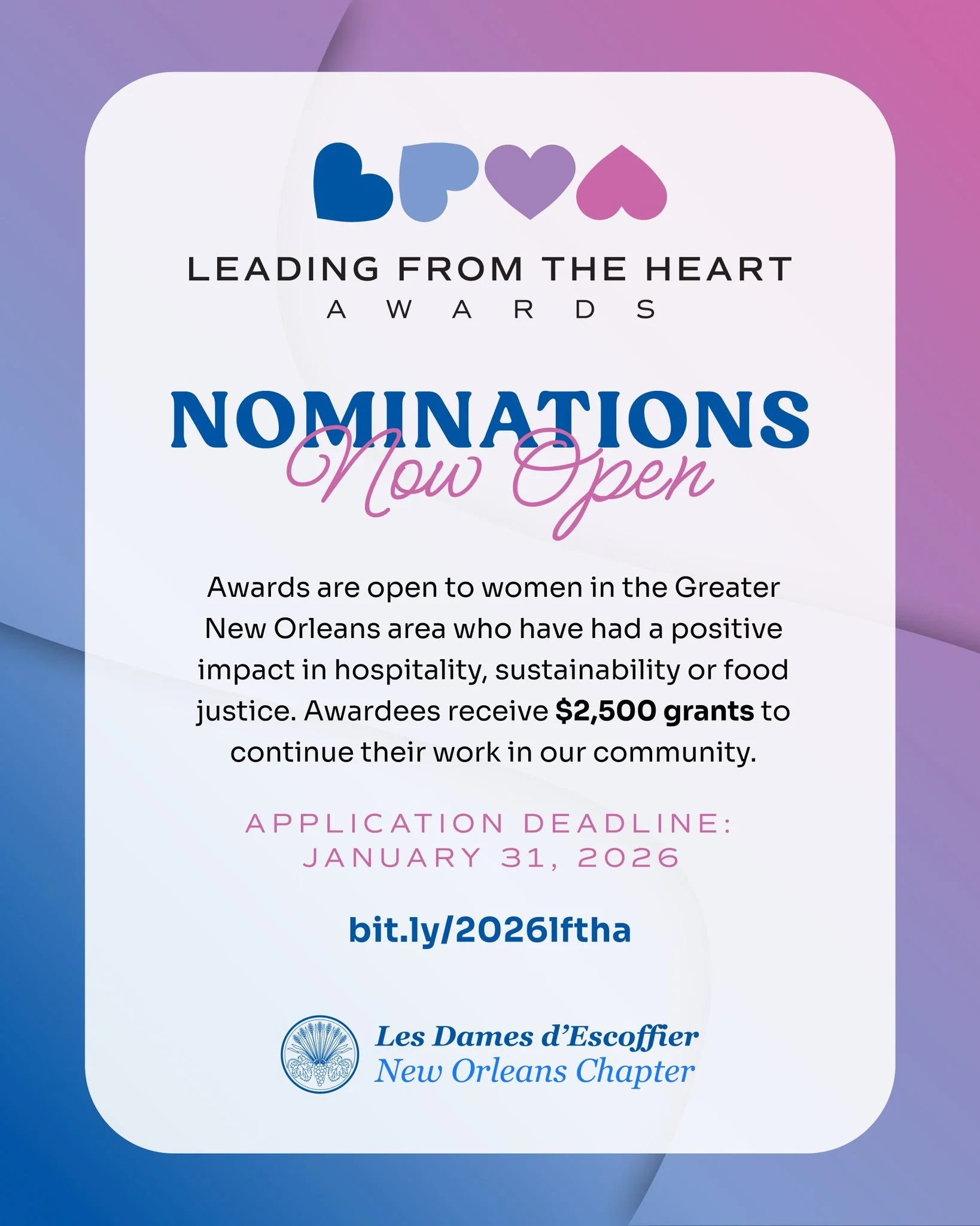 It's *almost* LAST CALL, Y'ALL!

Do you know a woman in food, beverage or hospitality who leads with passion, purpose and heart? Maybe it&rsquo;s YOU? 💖

Nominate or self-nominate today for our Leading from the Heart Awards! These honors celebrate t