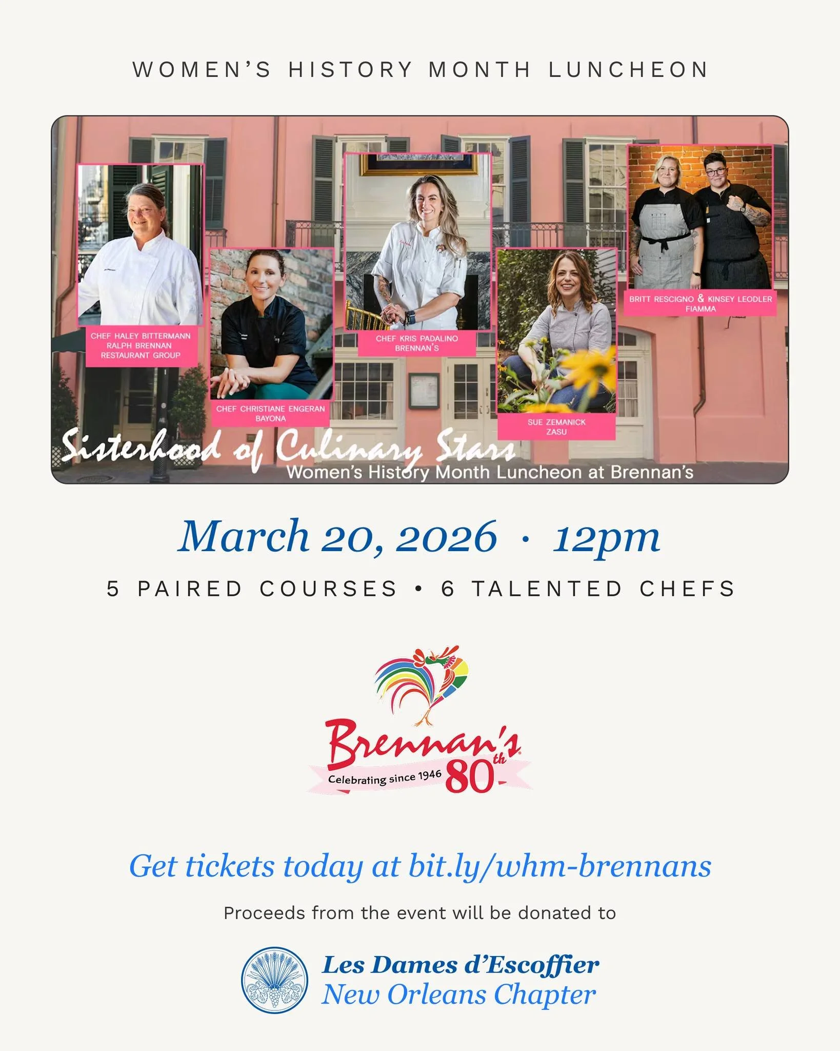 Check out the lineup on this all-star chef luncheon! Tickets --> link in bio 

Proceeds from this Women's History Month event benefit Les Dames NOLA.  Thank you, @brennansnola, for supporting women in hospitality! 

#ldei #thisiswhywedame #damesin