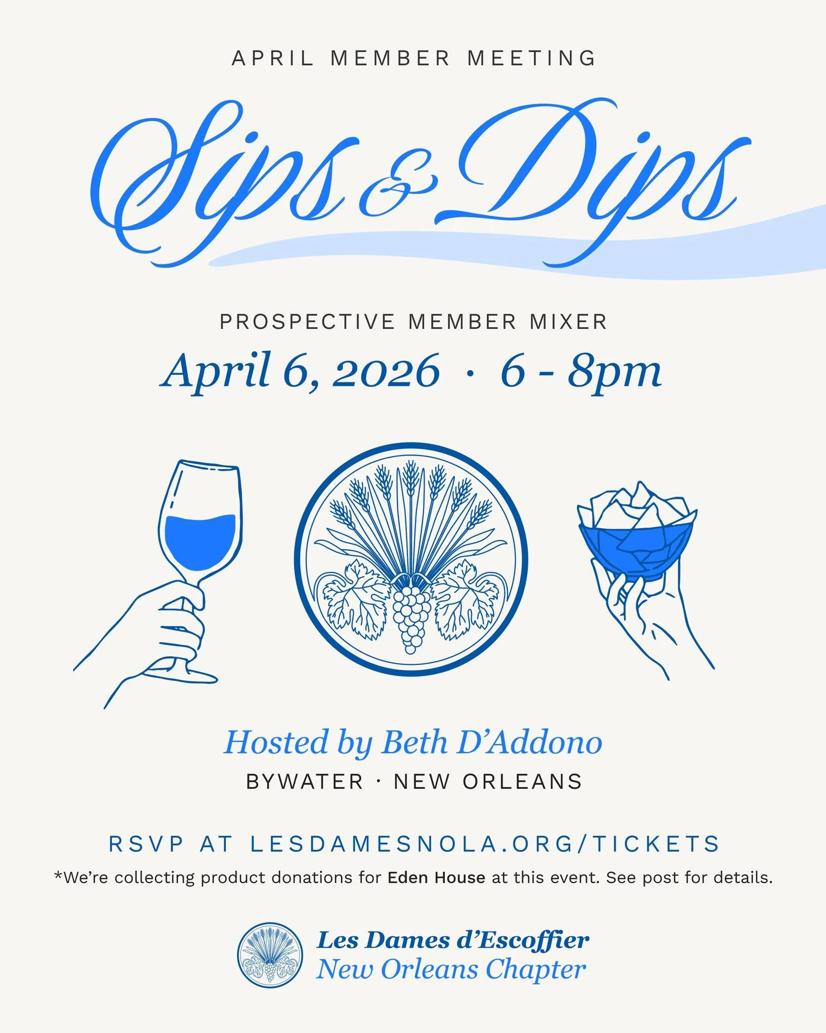 Thinking about becoming a member of Les Dames NOLA? JOIN US for a li'l meet-and-eat on April 6. 

RSVP--> link in bio / https://bit.ly/sd-26

Let us know if you&rsquo;re bringing a +1 (or more!) and/or items to donate in the RSVP notes. Event addr