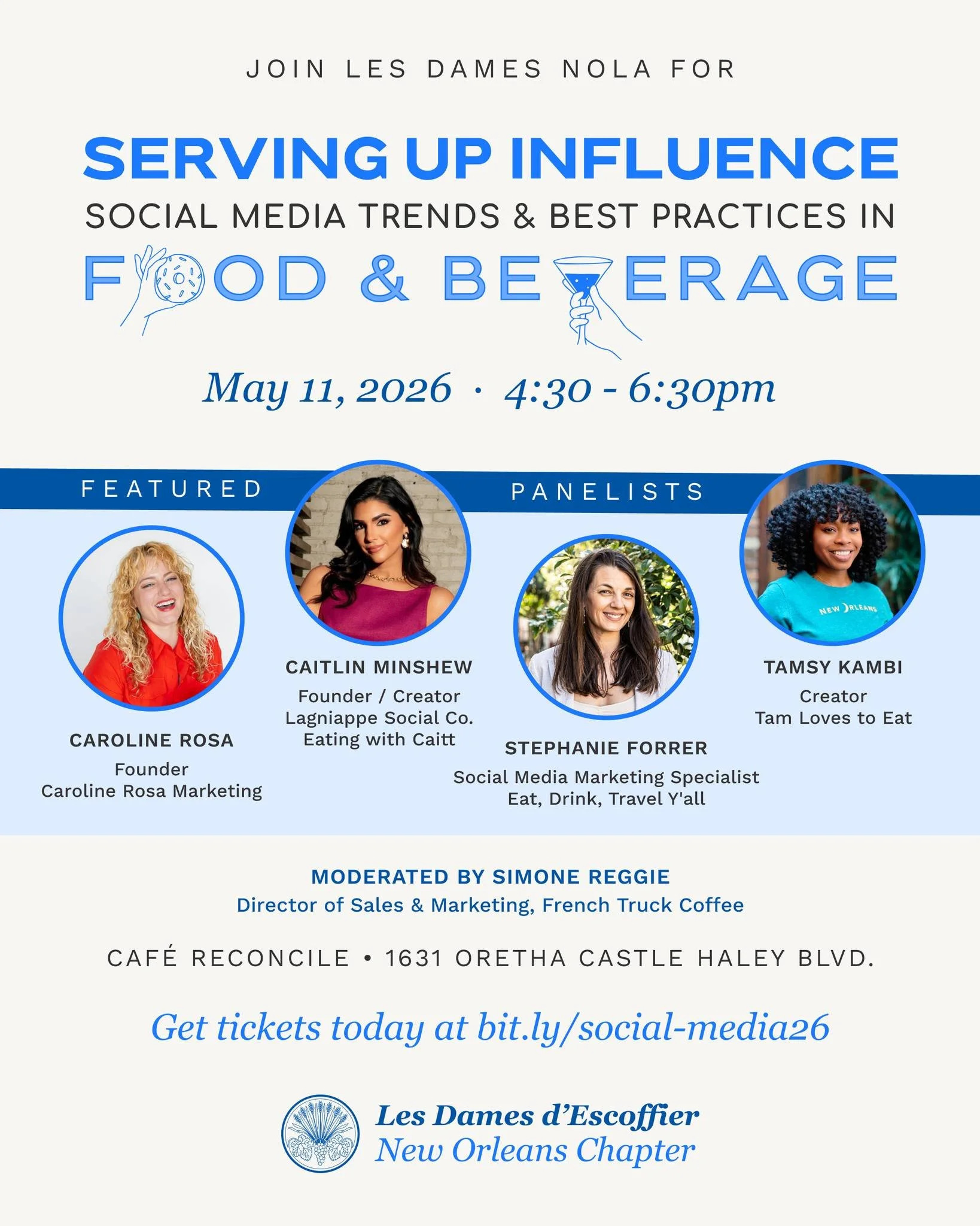 Join us for an engaging and insightful evening exploring how social media continues to shape the food, beverage and hospitality industry in New Orleans. 

Serving Up Influence brings together leading voices in digital marketing and content creation t