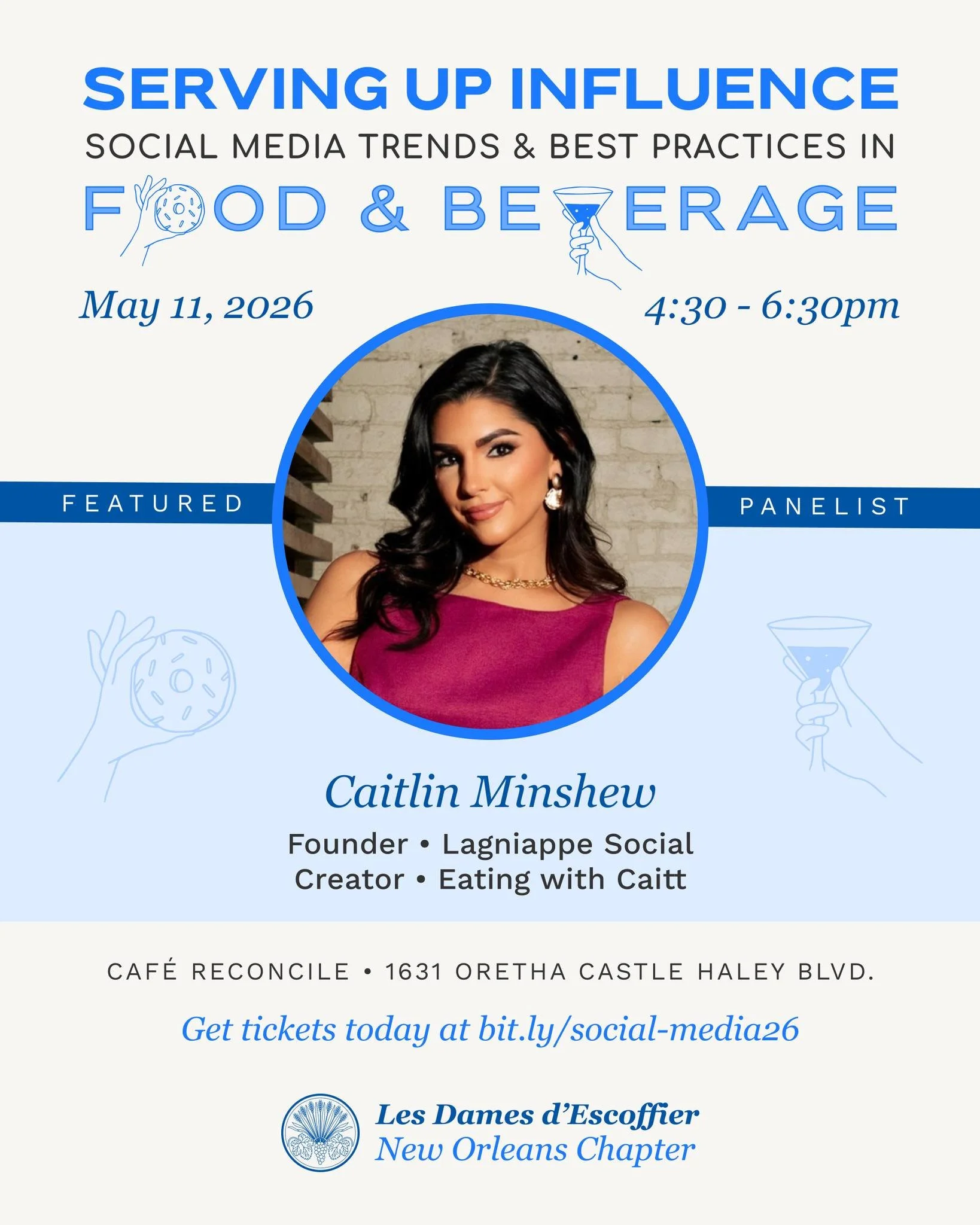 Serving Up Social panelist Caitlin Minshew, aka @eatingwithcaitt and founder of Lagniappe Social Co., is a New Orleans native and marketing entrepreneur. Caitlin is passionate about showcasing the city&rsquo;s vibrant food culture and community. Thro
