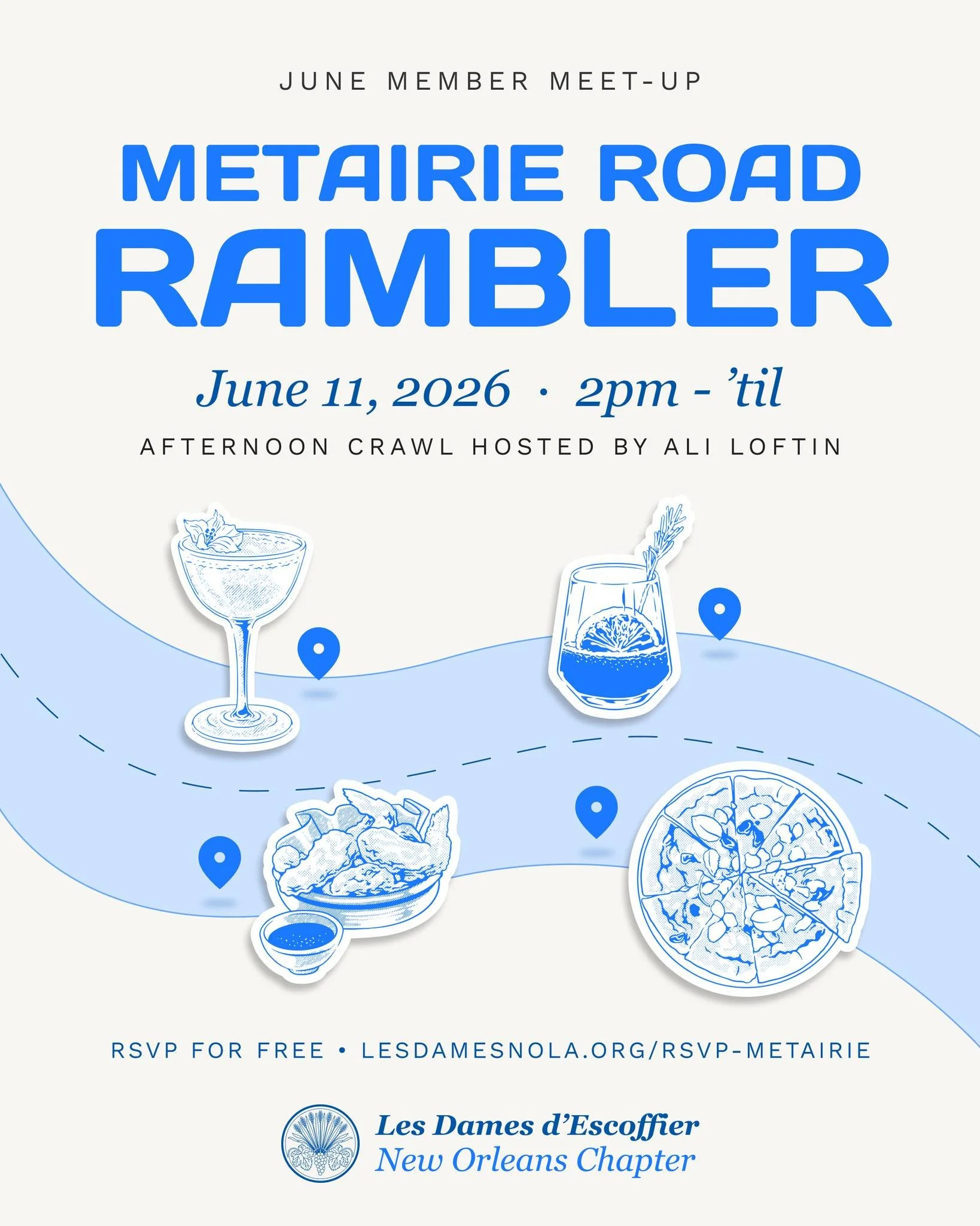 MEMBERS: Join us June 11 for the Metairie Road Rambler led by Dame Ali Loftin.

🕘 2:00 PM - 6:00 PM (ish)
📍 Tana &bull; 2919 Metairie Road
🎟️ RSVP: LINK IN BIO
🍹&amp;🍝: Pay as you go happy hour food &amp; drinks along the way. Optional post-ramb
