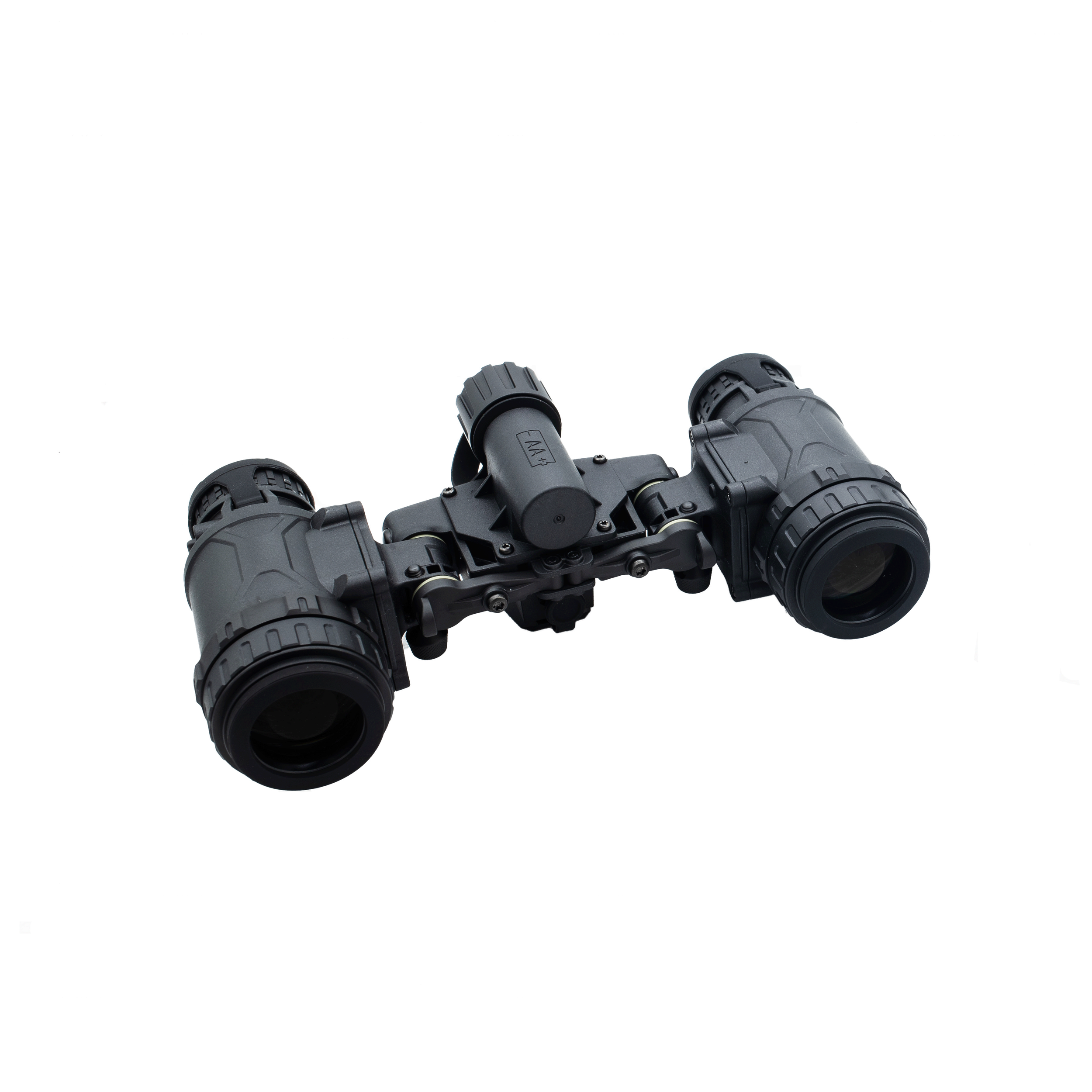 Black rifle scope with adjustable lenses, mounted on a black platform, isolated on white background.