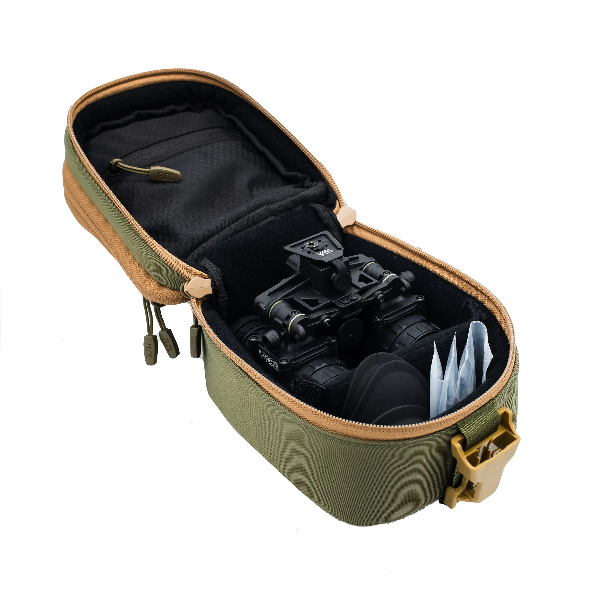Open green tactical pouch with rifle scope attachment inside, organized with foam dividers, some plastic baggies, and a zippered pocket inside the lid.