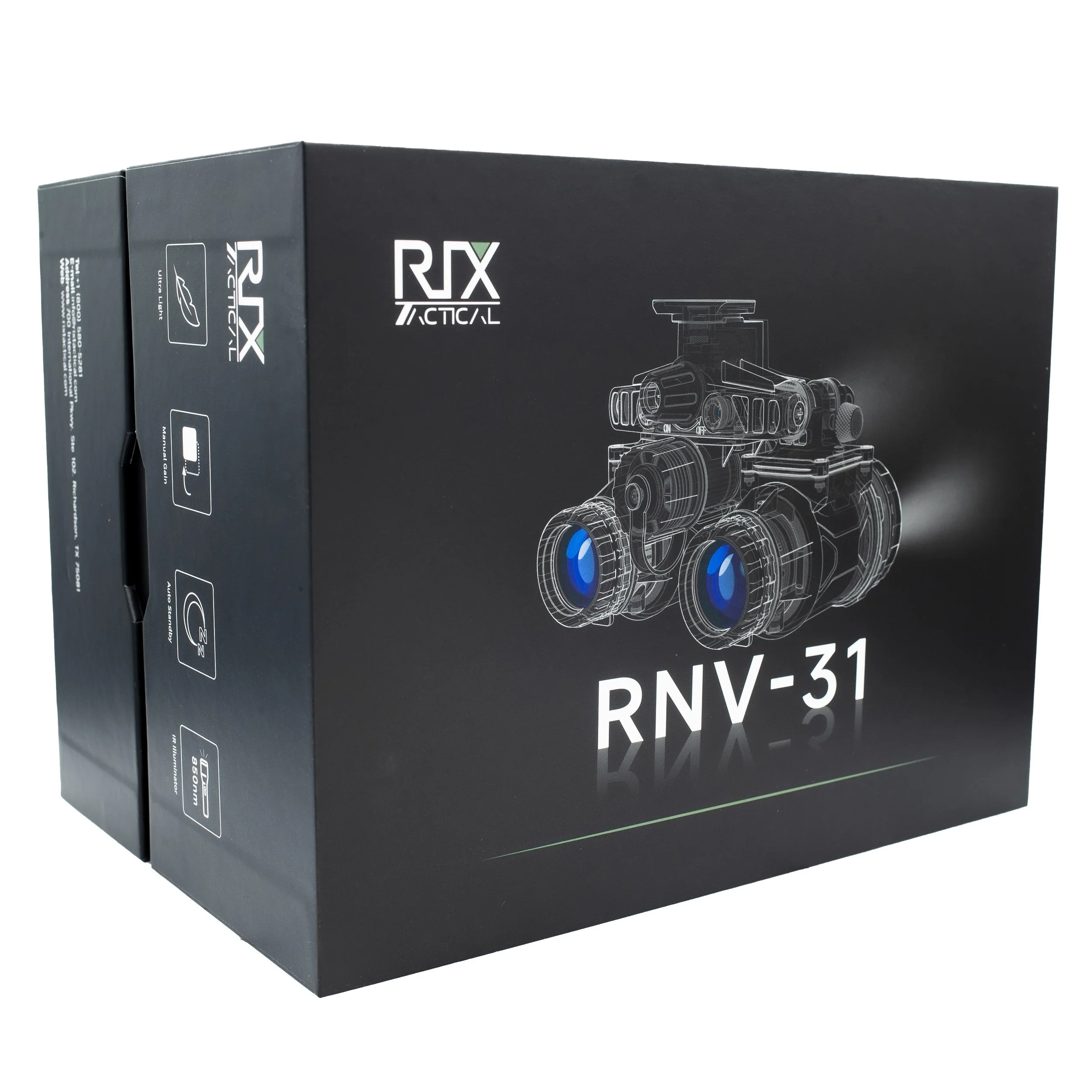 Black box packaging for RX Tactical RNV-31 night vision device with technical line drawing of the device on the front.