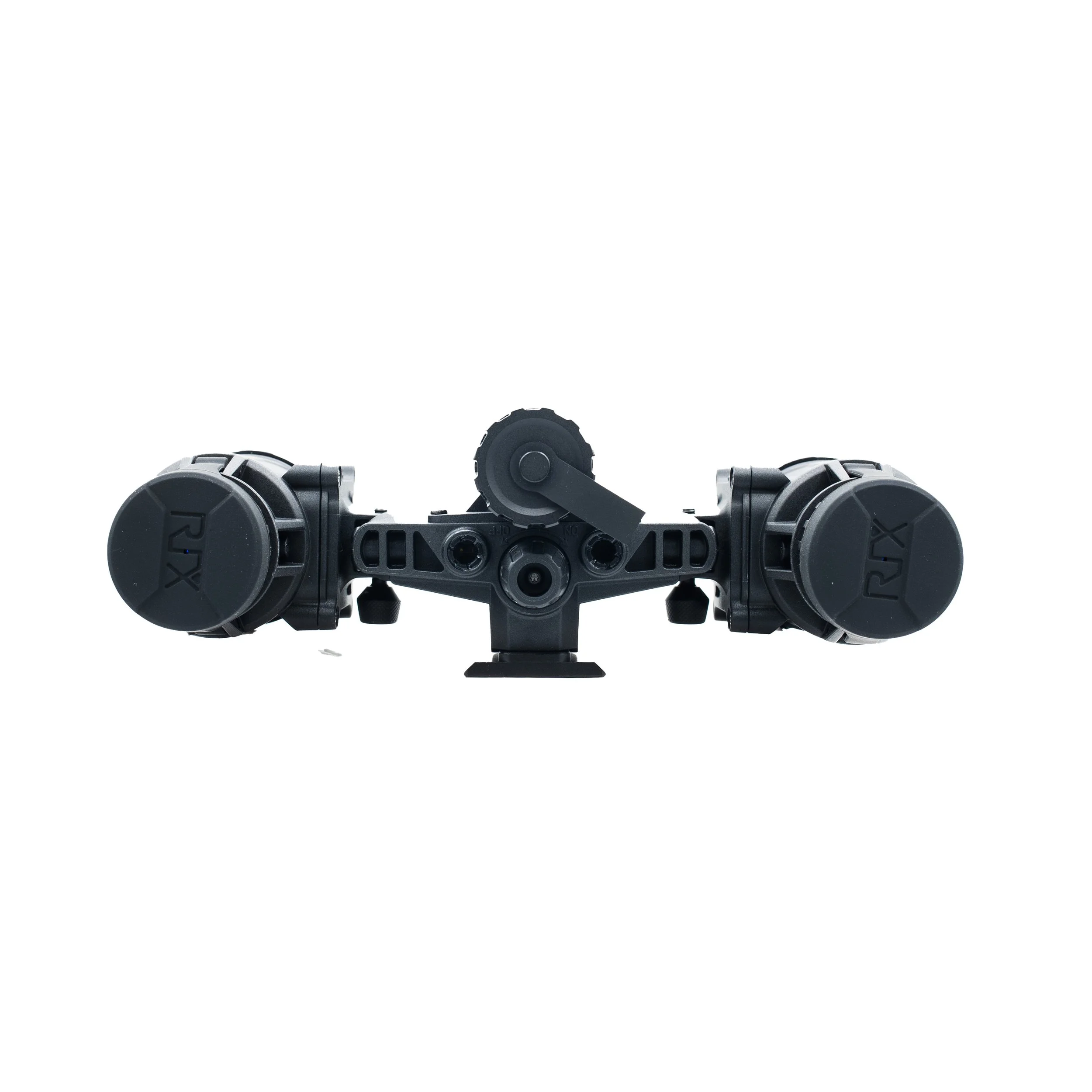 A drone camera mount with two gimbaled cameras and a central motor, placed against a white background.