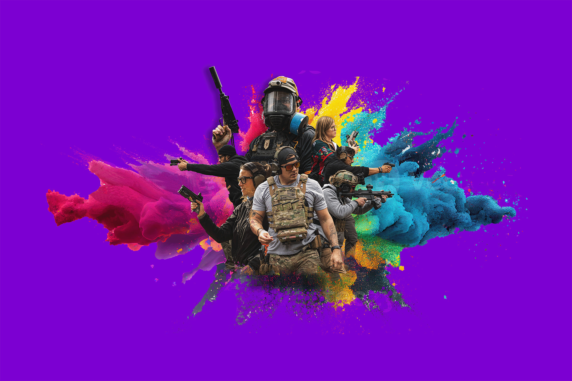 Group of soldiers and civilians with guns, surrounded by colorful ink splashes on a purple background.